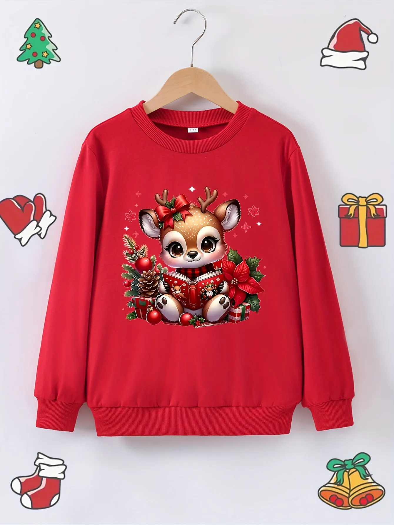 For Girls 12 and Under: Adorable Deer Print Christmas Sweatshirt - Soft Polyester Blend, Crew Neck, Slight Stretch, Knit Fabric, Long Sleeve, Loose Fit Casual Wear