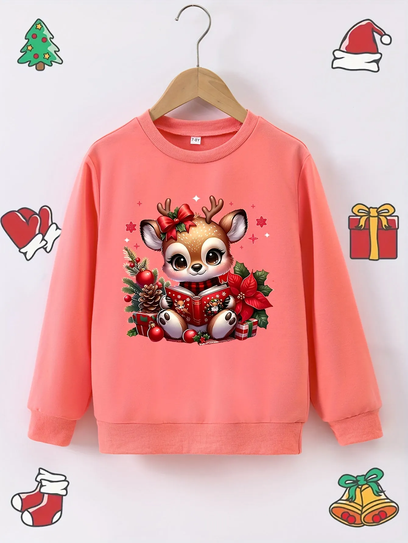 For Girls 12 and Under: Adorable Deer Print Christmas Sweatshirt - Soft Polyester Blend, Crew Neck, Slight Stretch, Knit Fabric, Long Sleeve, Loose Fit Casual Wear