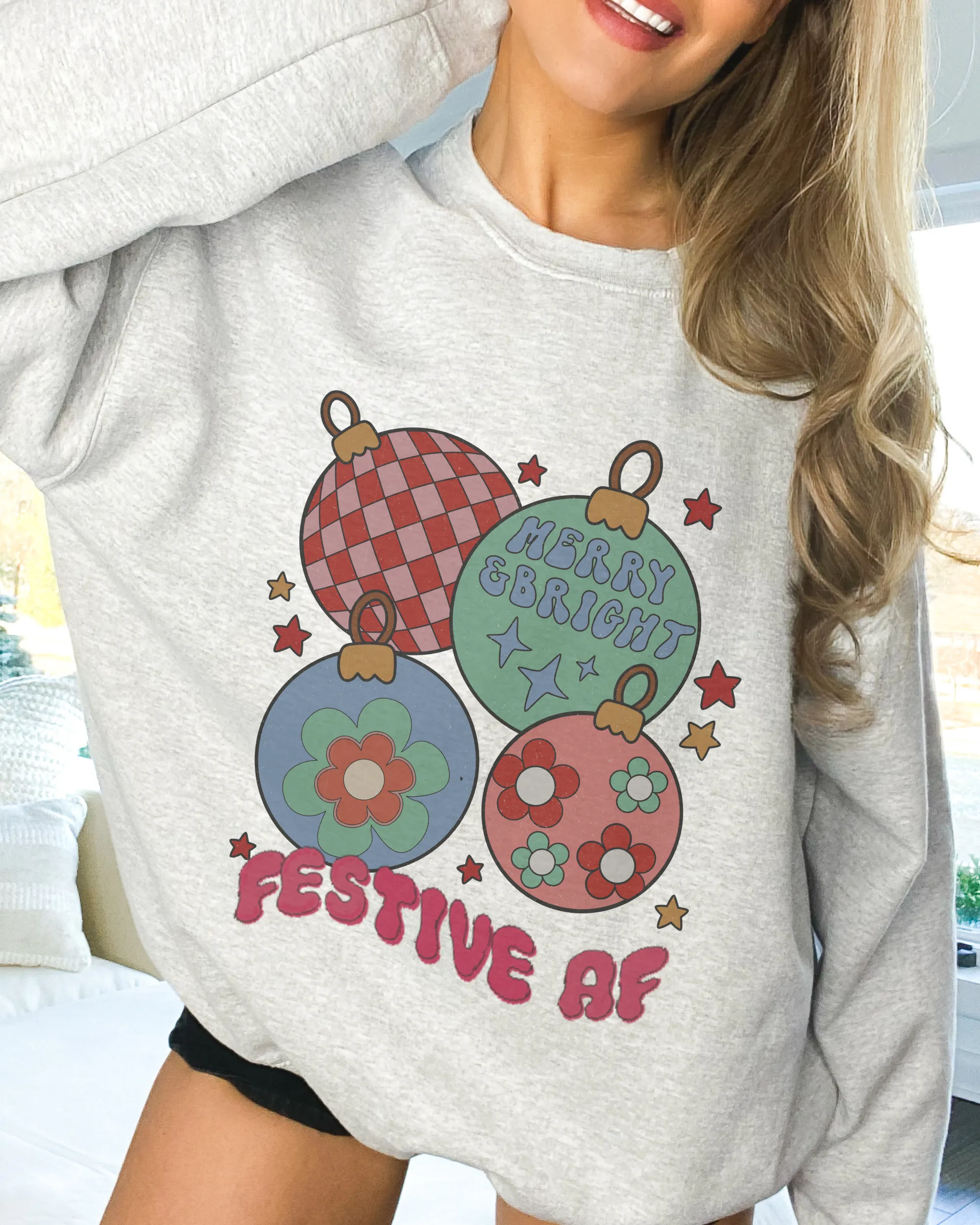 Funny Festive AF Christmas Crewneck Sweatshirt Grey, Ash, Sand, White, Pink