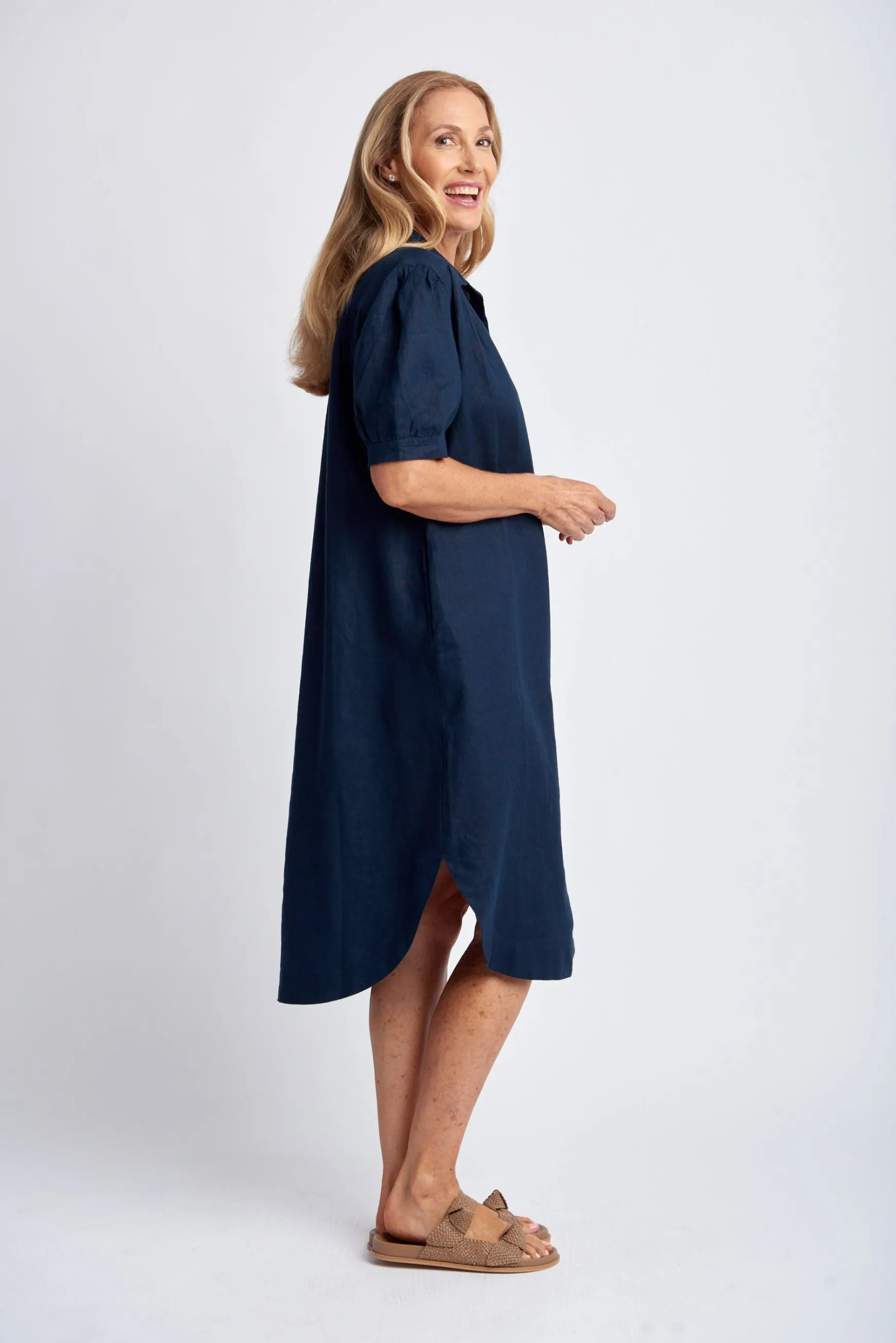 Gathered Yoke Linen Shirt Dress Navy