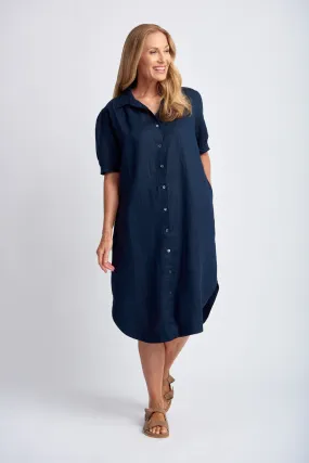 Gathered Yoke Linen Shirt Dress Navy