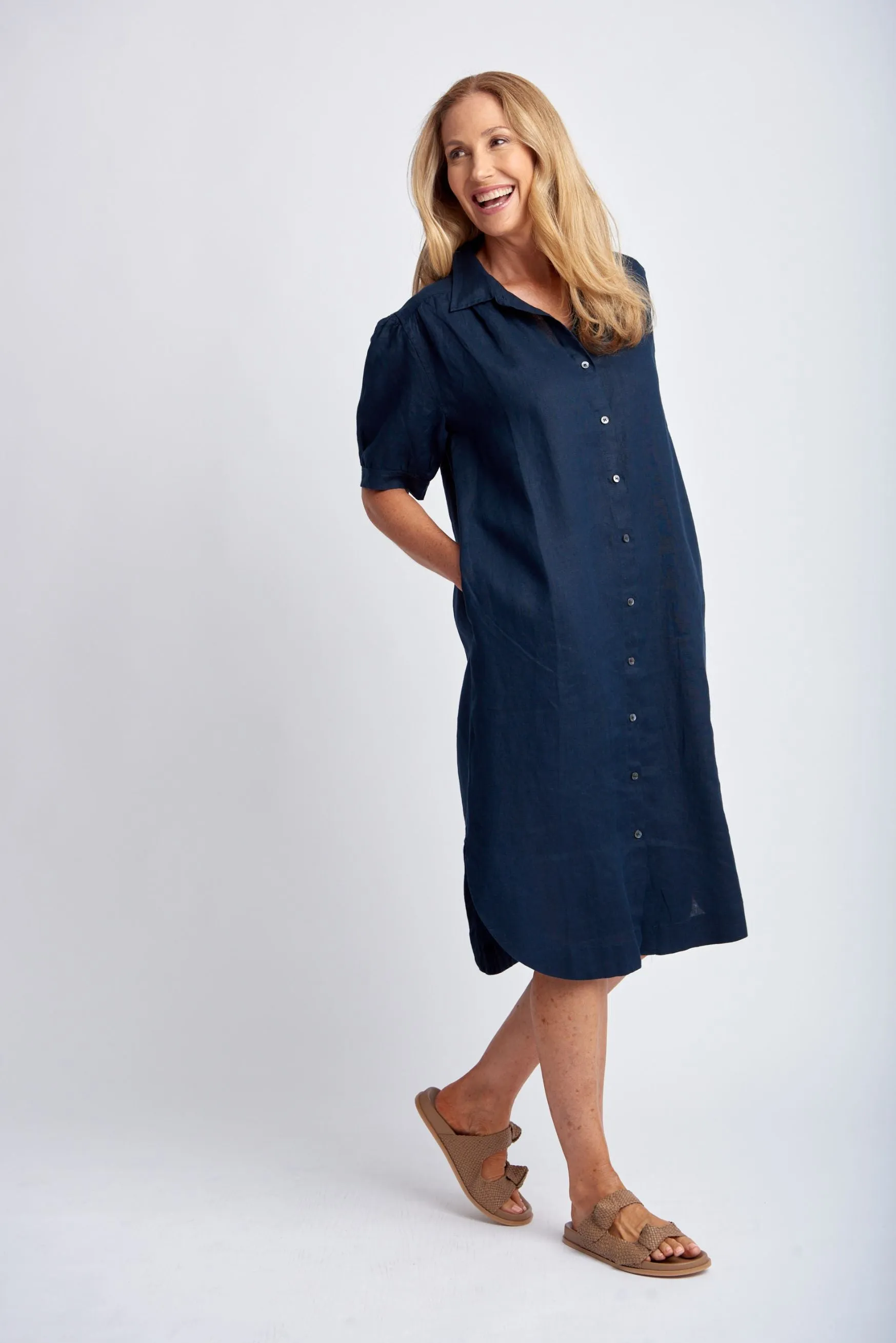 Gathered Yoke Linen Shirt Dress Navy