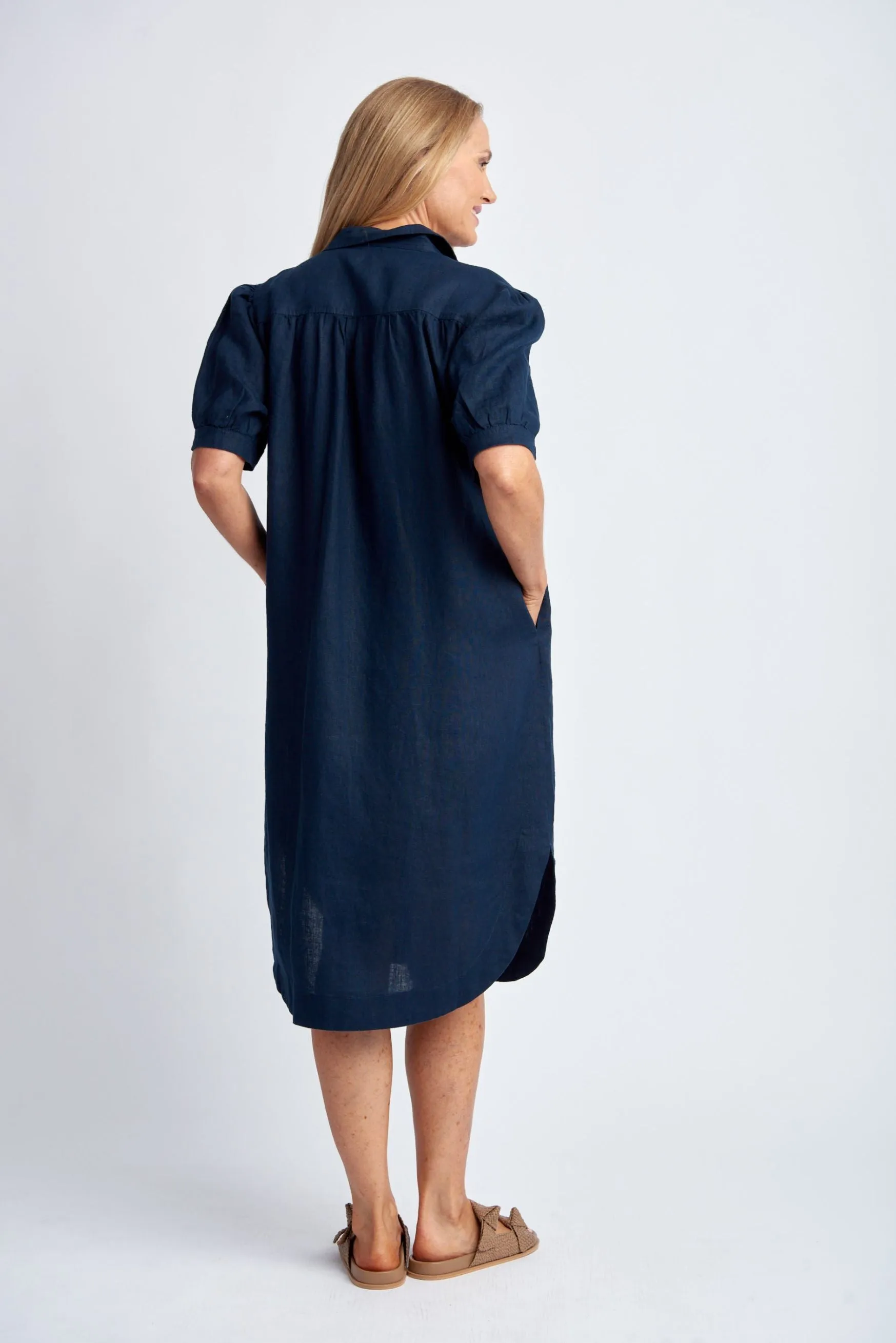 Gathered Yoke Linen Shirt Dress Navy