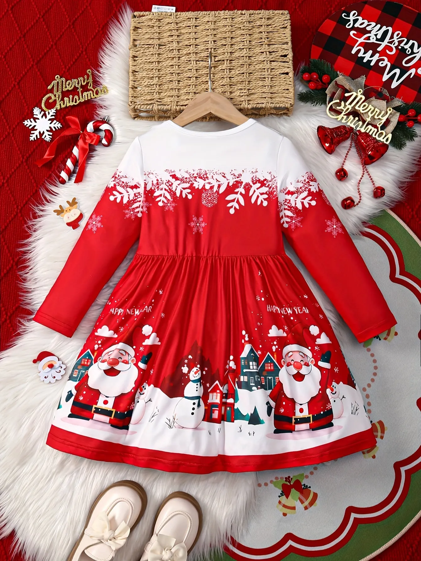 Girls' Christmas Dress, Long Sleeve, Round Neck, Stretchy Snowflake & Santa Print, Party Style, Polyester Knit, Regular Fit, All-Season, Children's Holiday Dress