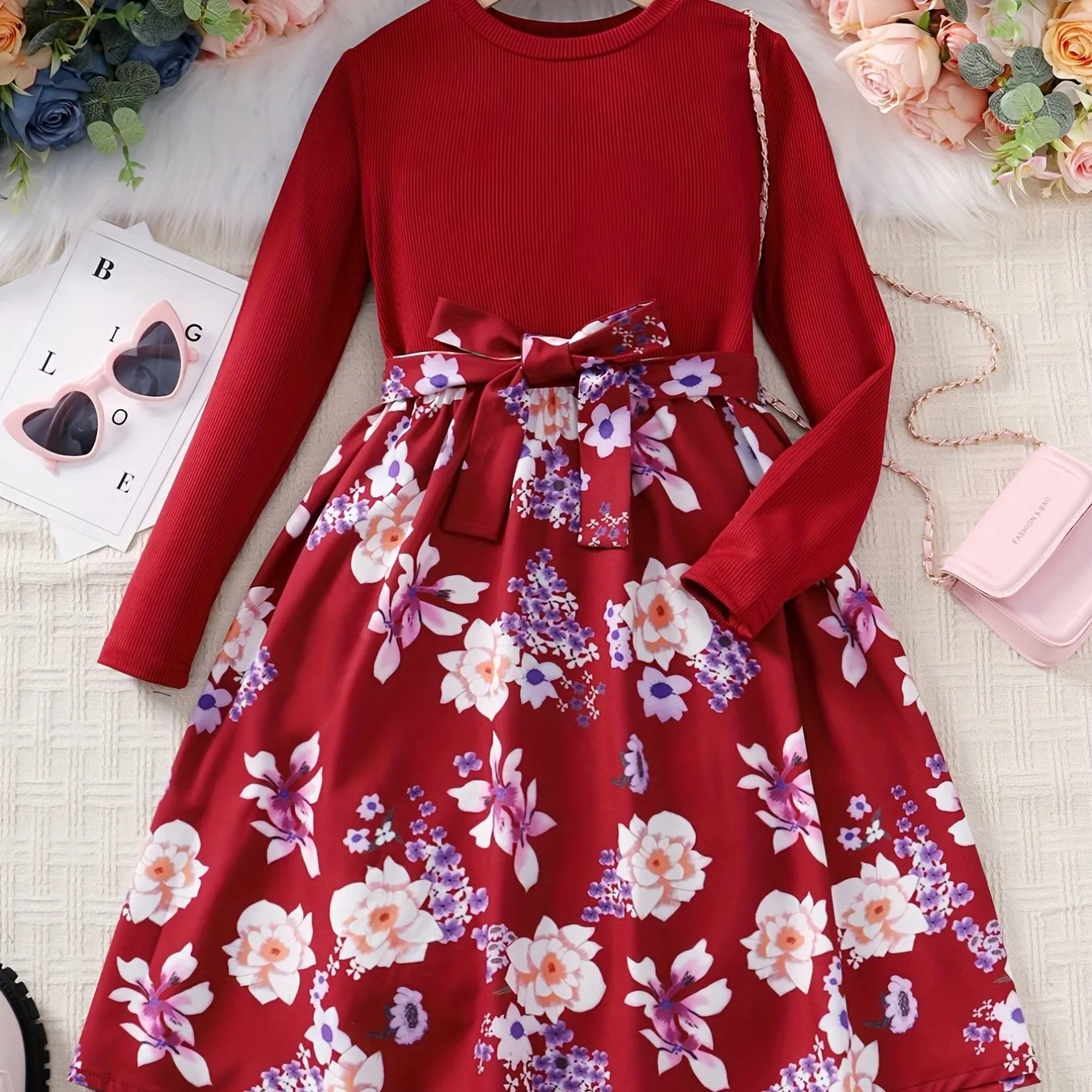 Girls' Floral Spliced Dress, Long Sleeves, Round Neck, Belted, Party Dress