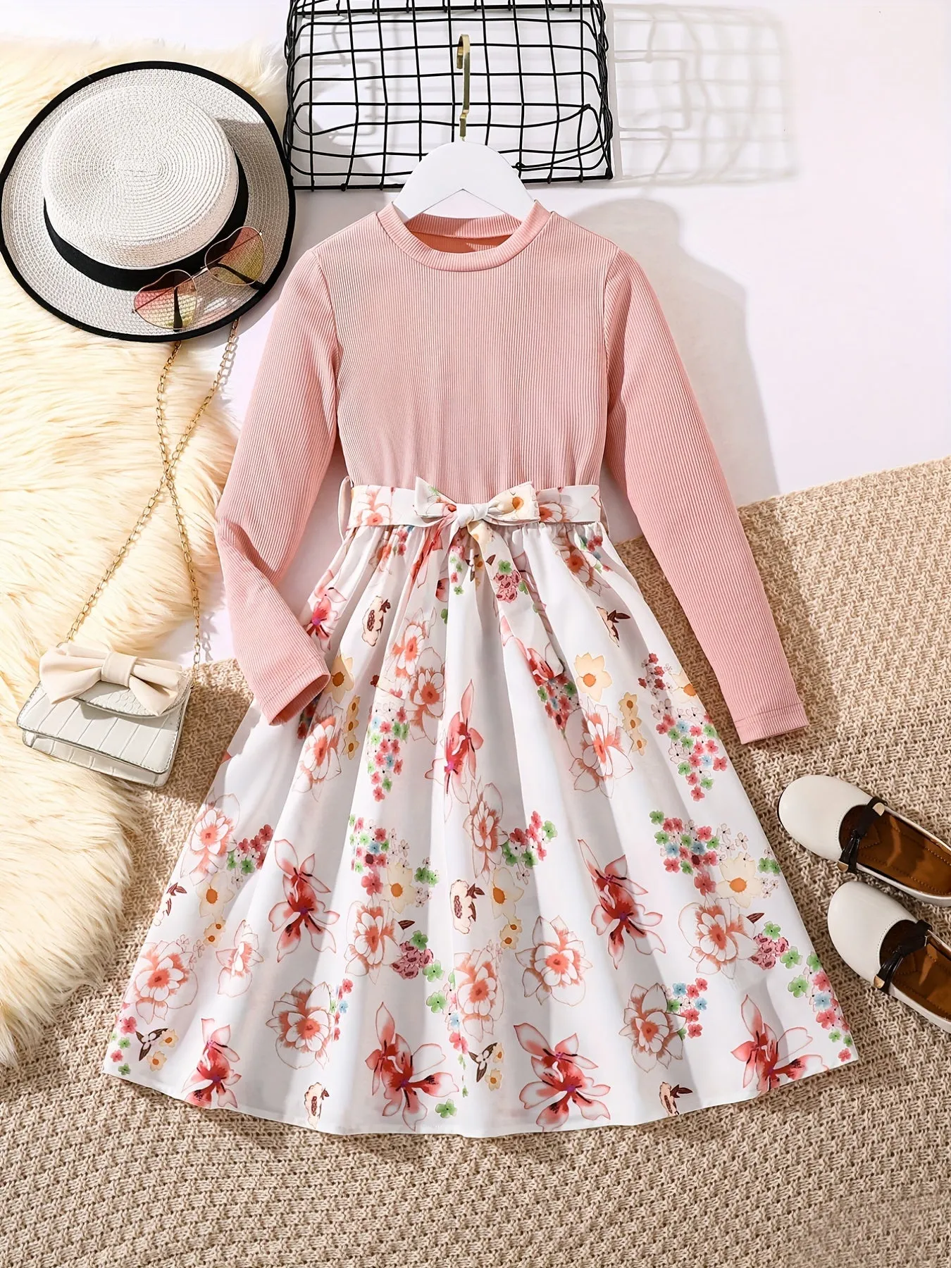 Girls' Floral Spliced Dress, Long Sleeves, Round Neck, Belted, Party Dress