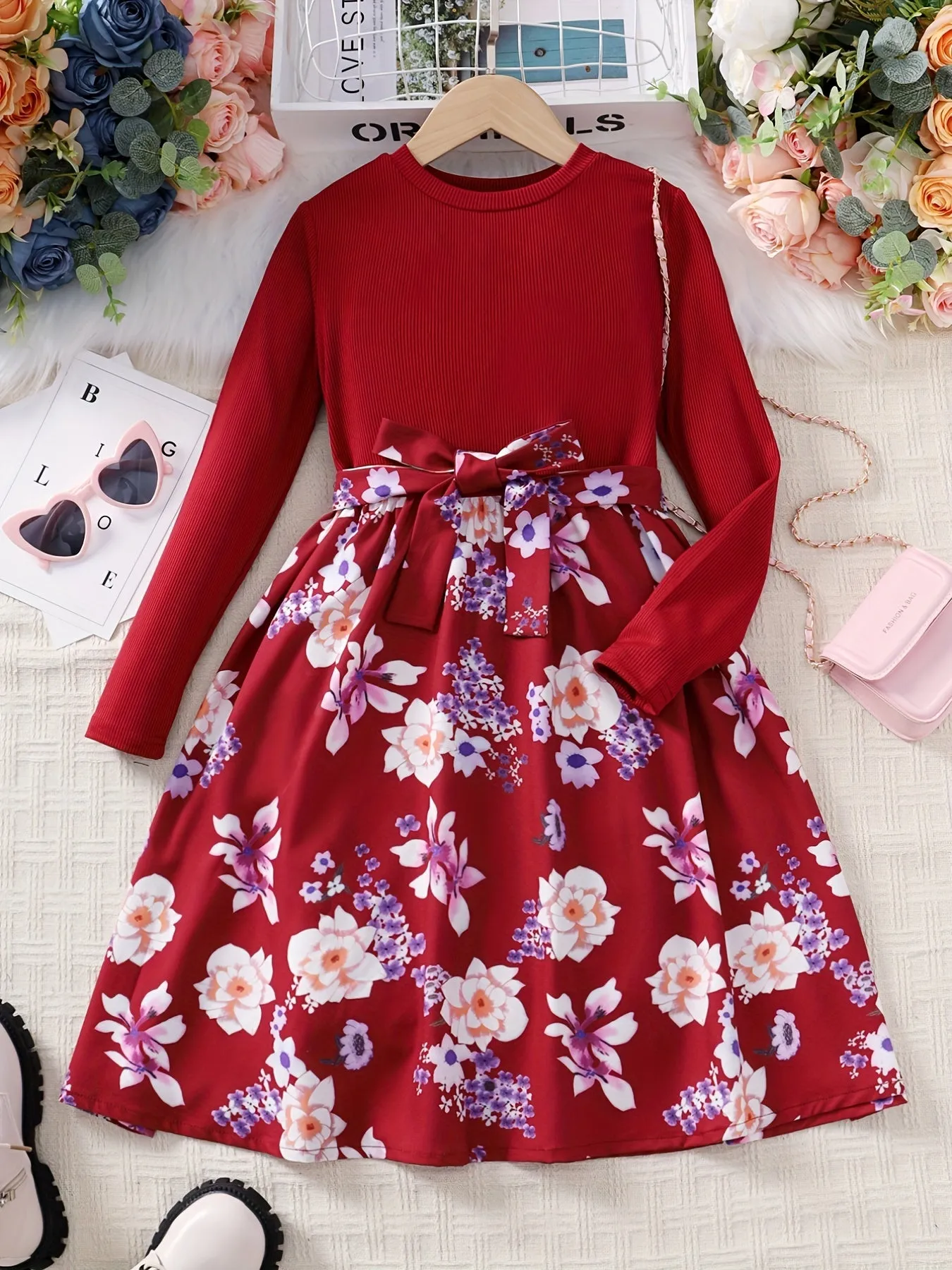 Girls' Floral Spliced Dress, Long Sleeves, Round Neck, Belted, Party Dress