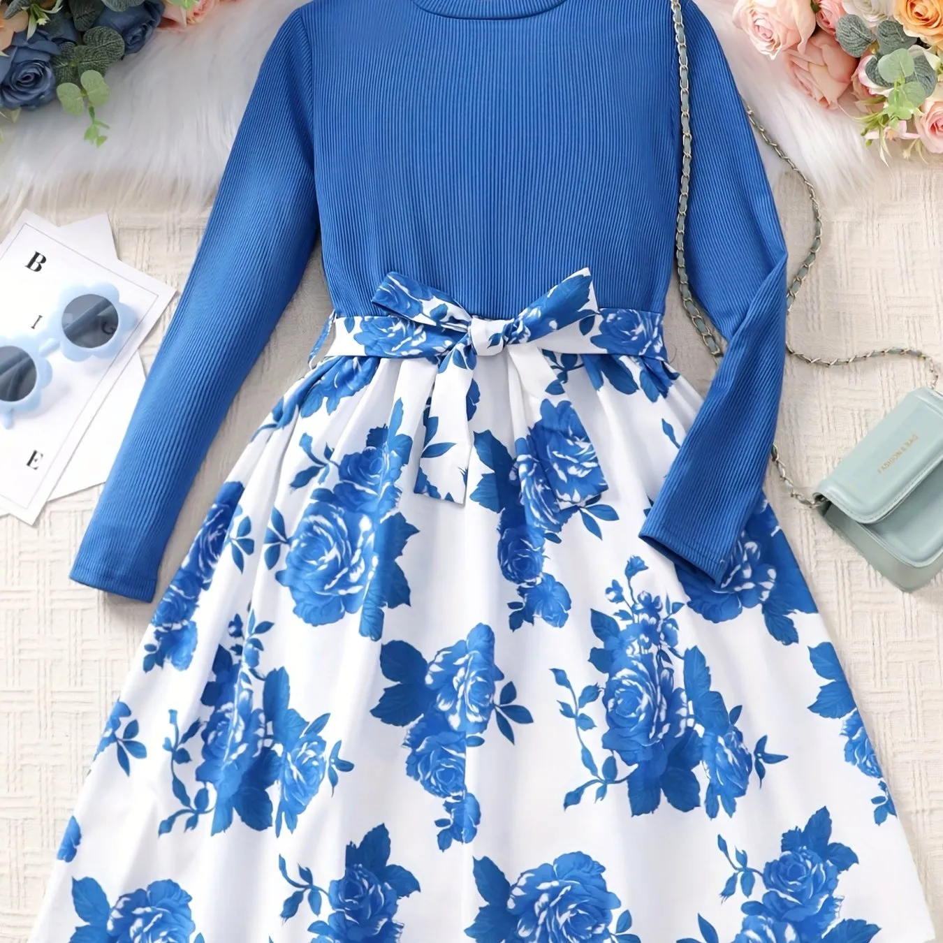 Girls' Floral Spliced Dress, Long Sleeves, Round Neck, Belted, Party Dress