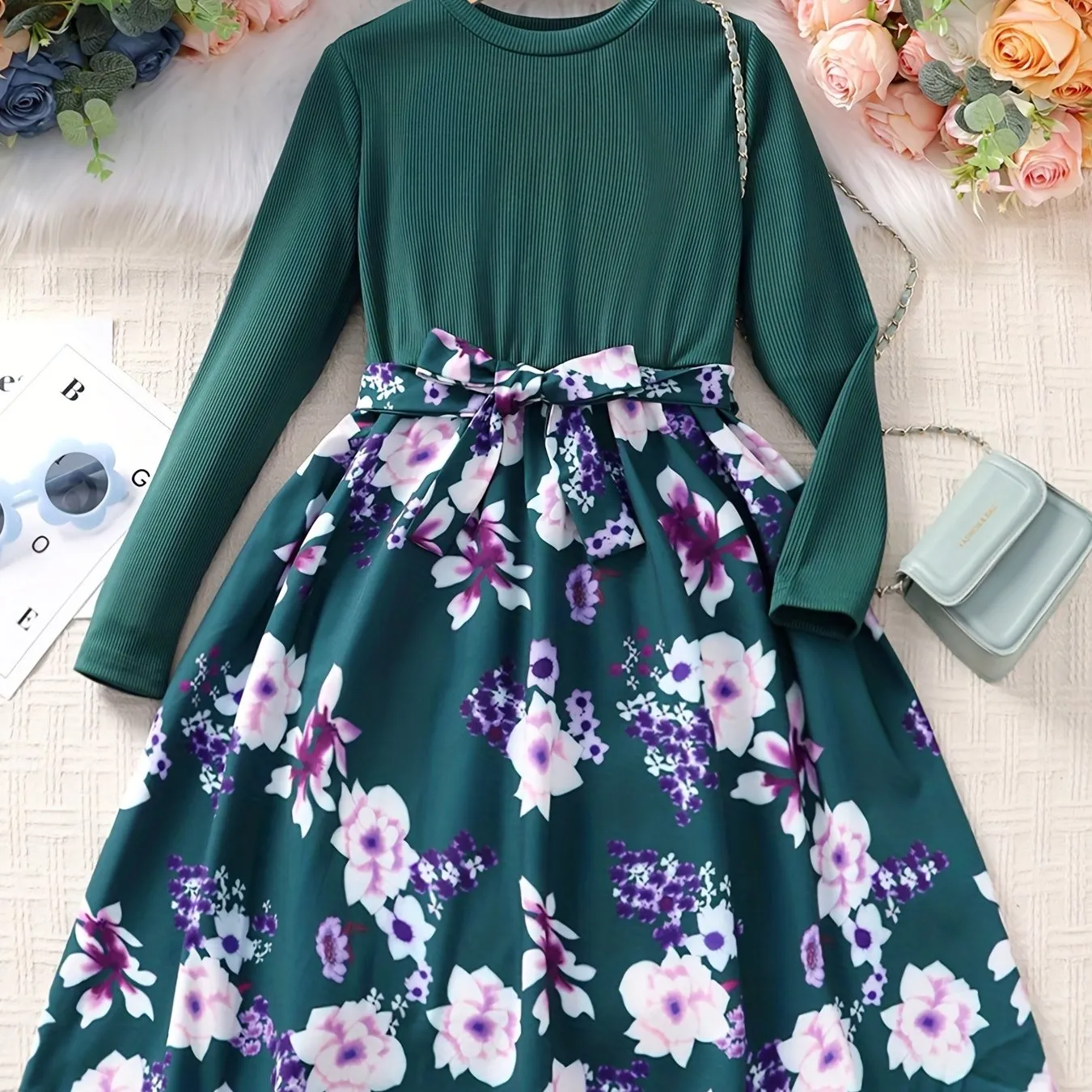 Girls' Floral Spliced Dress, Long Sleeves, Round Neck, Belted, Party Dress