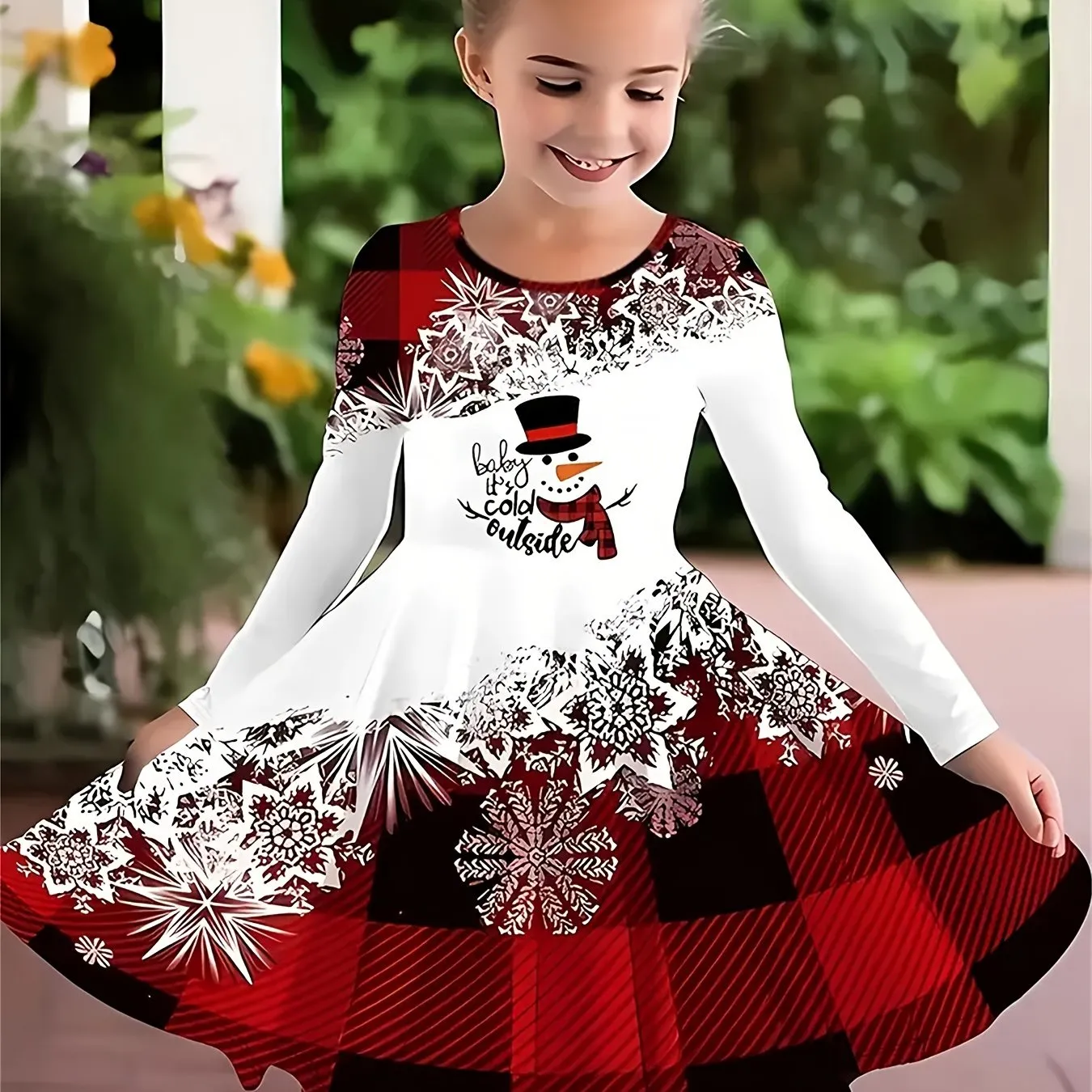 Girls' Long Sleeve Christmas Dress - Cute Cinched Waist, Big Swing Hem, Festive Print Design