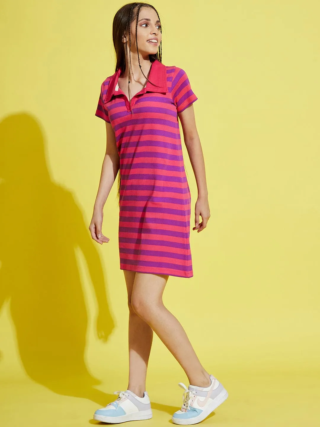 Girls Pink & Purple Stripes Rib Polo Neck Dress - Lyush Kids