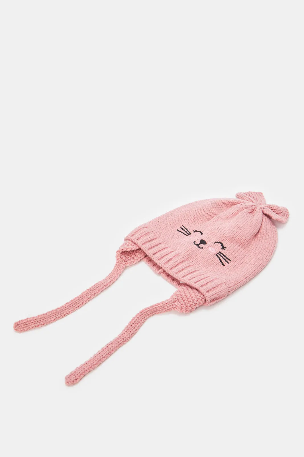 Girls Pink And Beige Knitted Beanie Cap (Pack of 2)