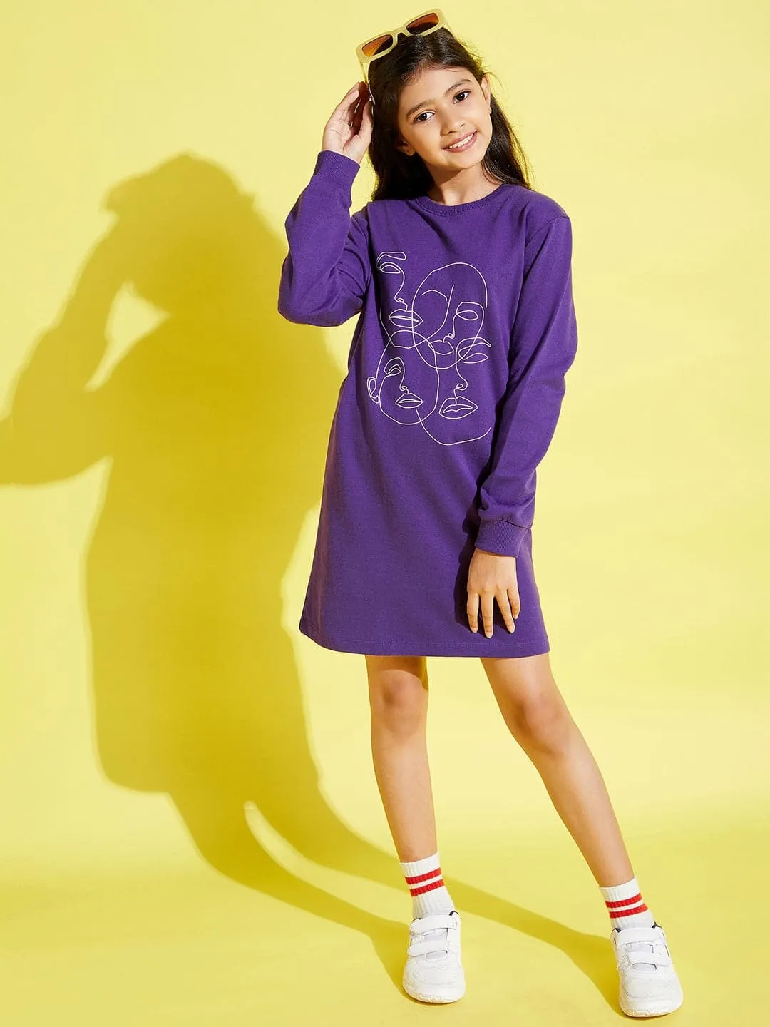 Girls Purple Face Print Terry Sweat Dress - Lyush Kids