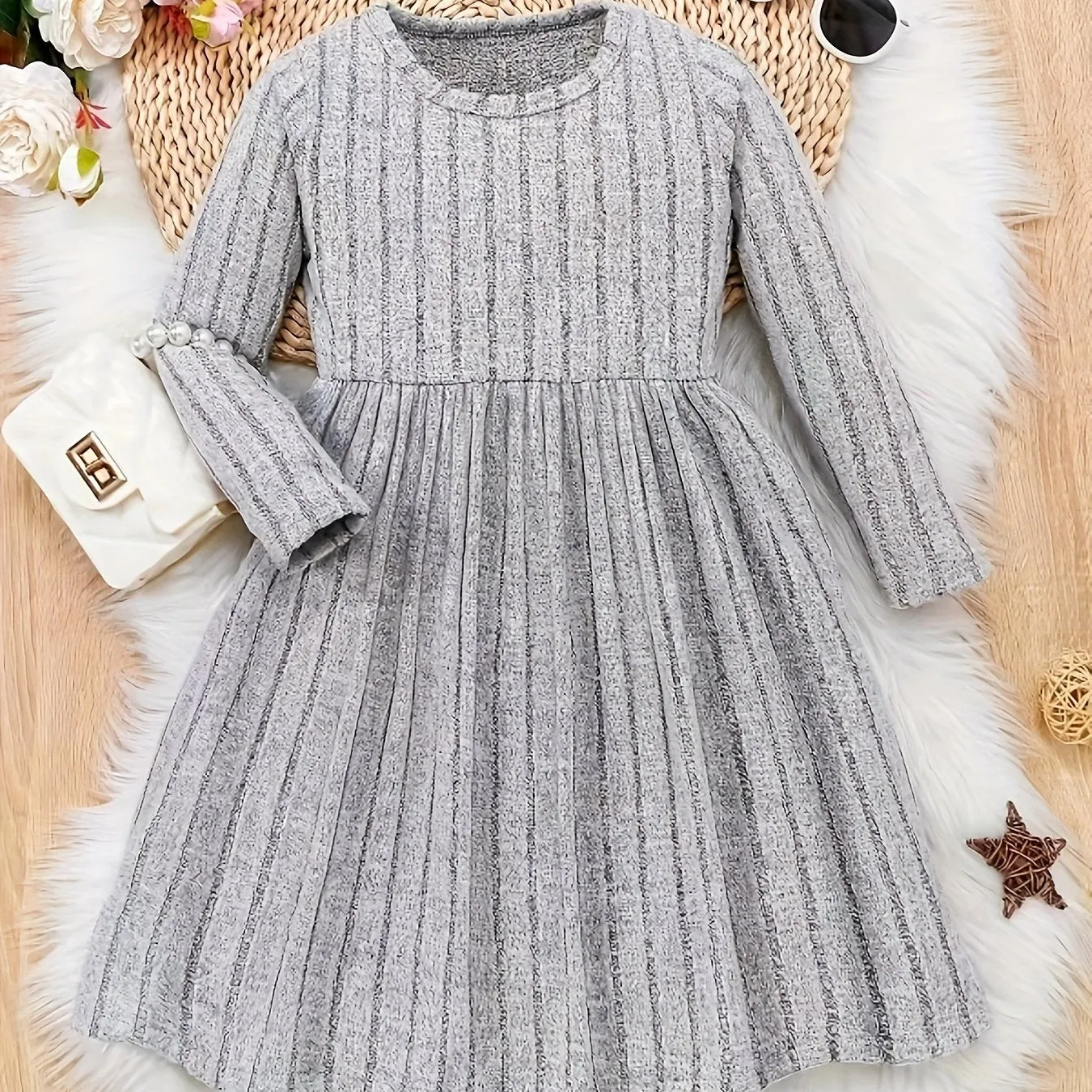 Girls Solid Color Dress, Simple Versatile, Round Neck, Long Sleeve