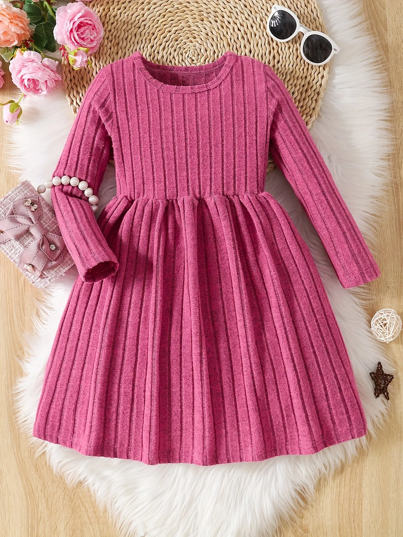 Girls Solid Color Dress, Simple Versatile, Round Neck, Long Sleeve