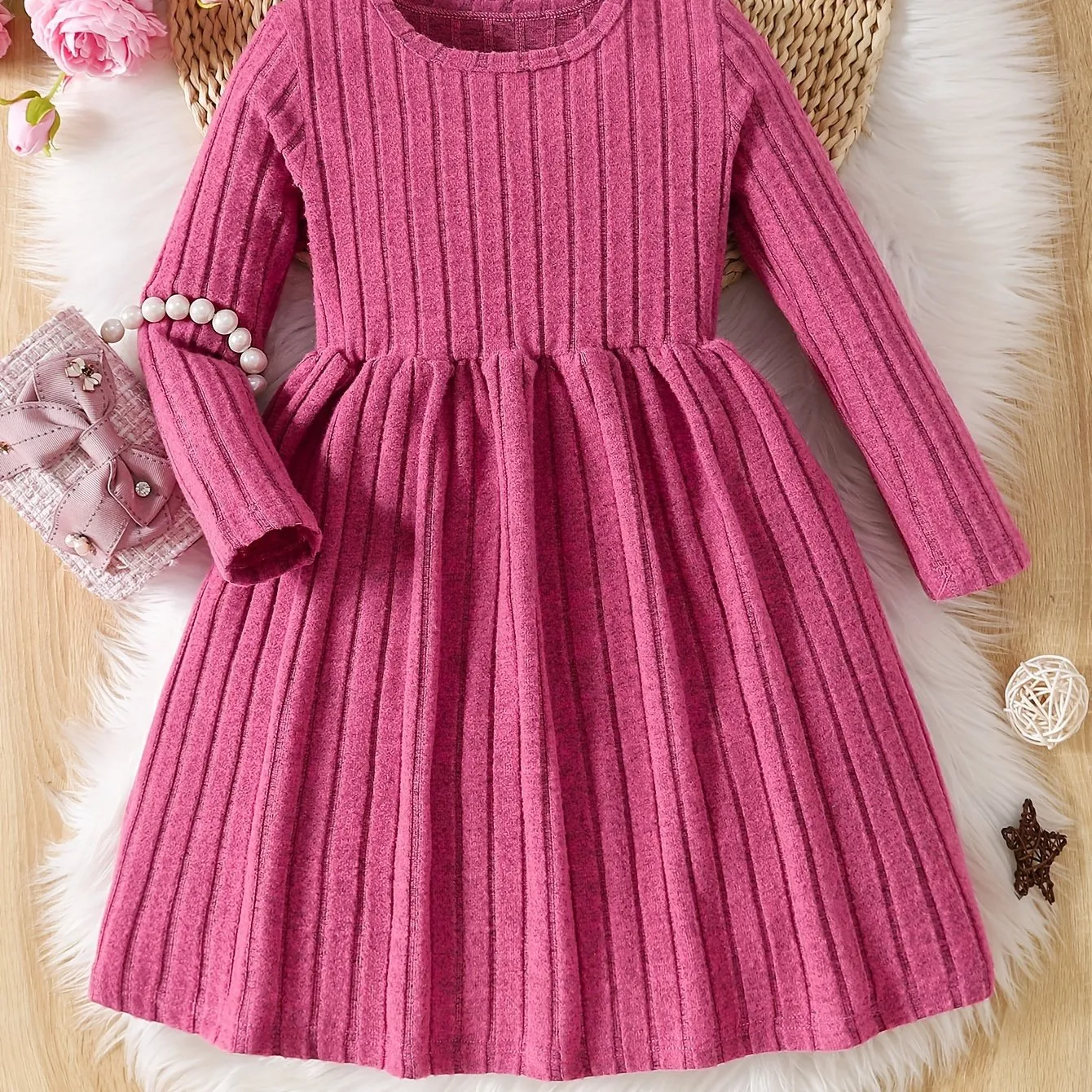 Girls Solid Color Dress, Simple Versatile, Round Neck, Long Sleeve