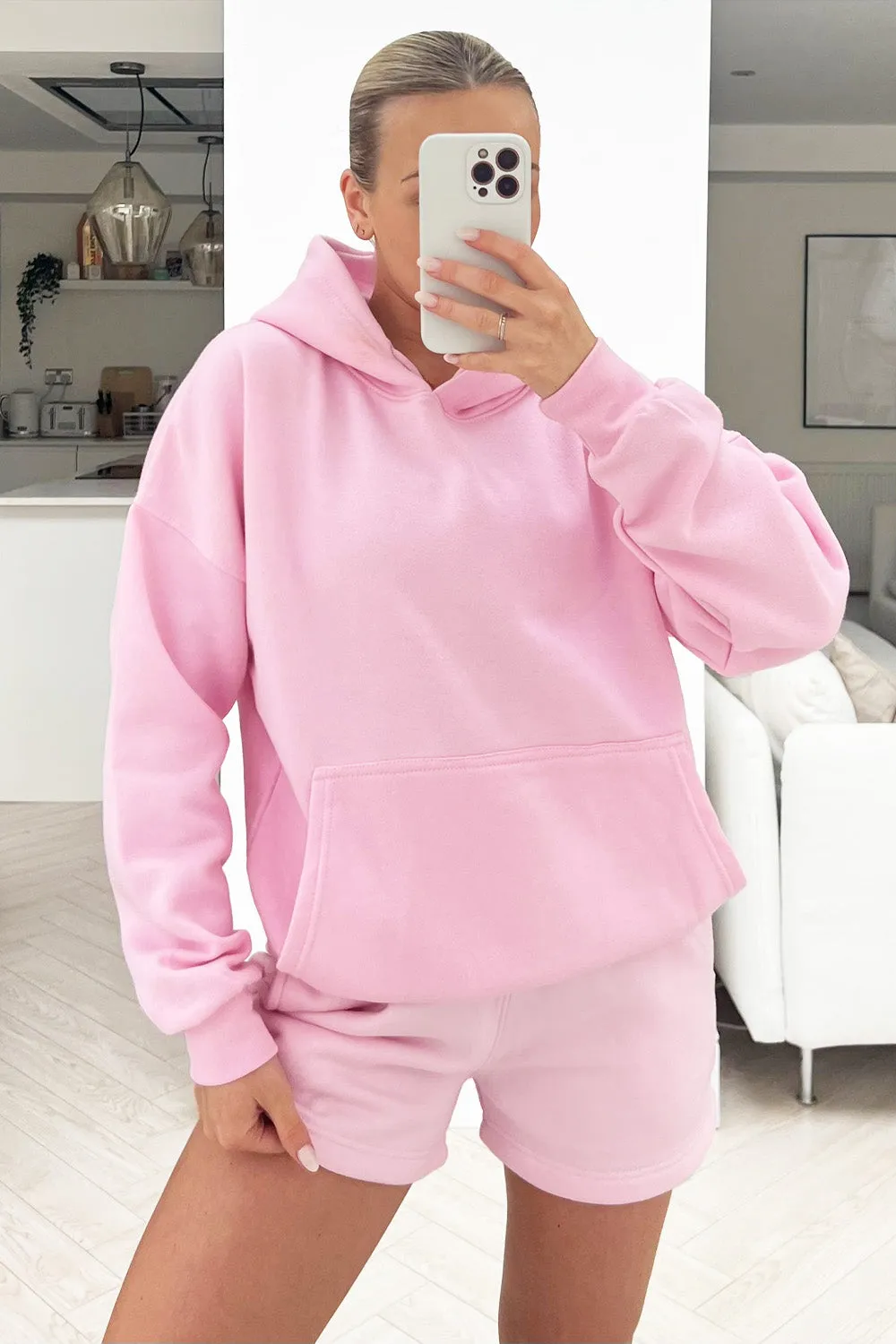 glamify baby pink essential hoodie short set