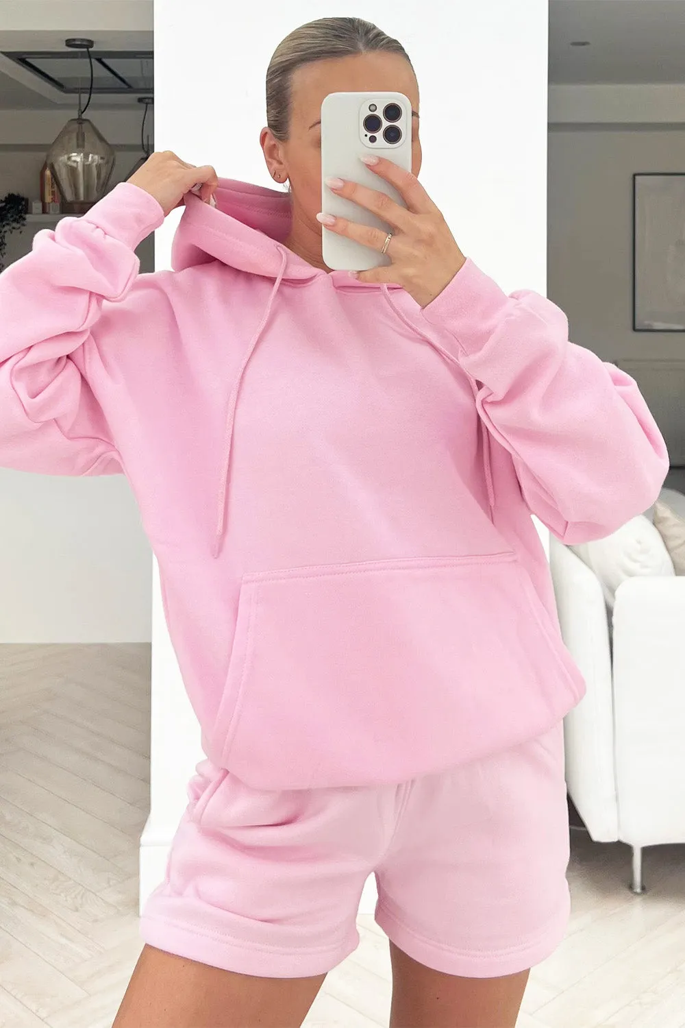 glamify baby pink essential hoodie short set