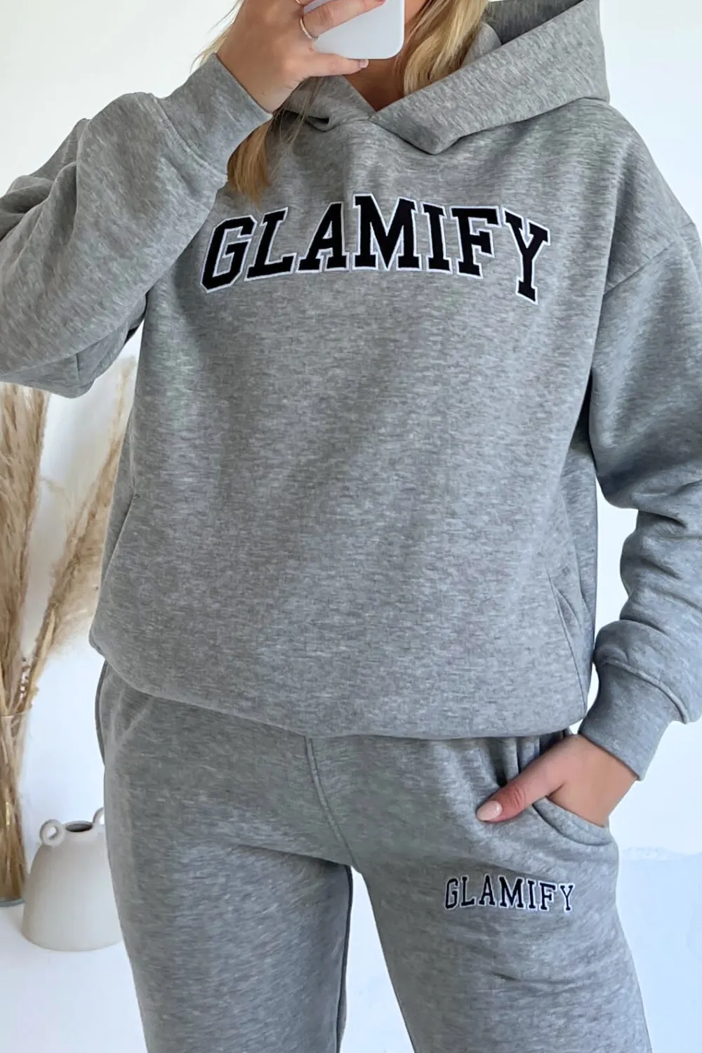 Glamify embroidered melange grey hoodie and joggers premium loungewear