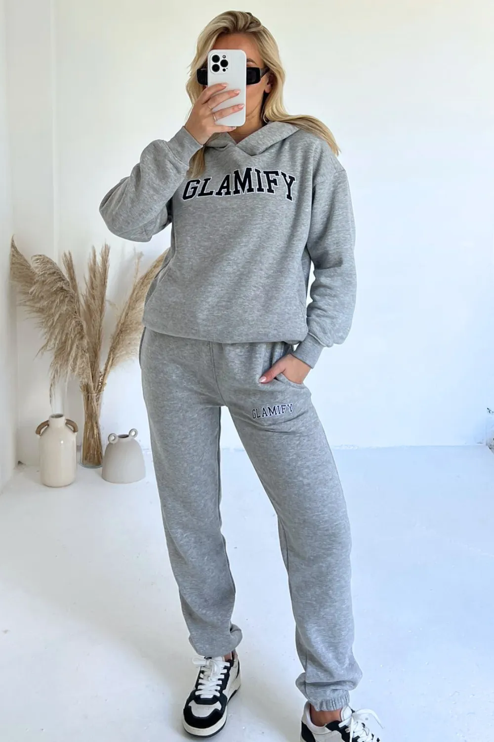 Glamify embroidered melange grey hoodie and joggers premium loungewear