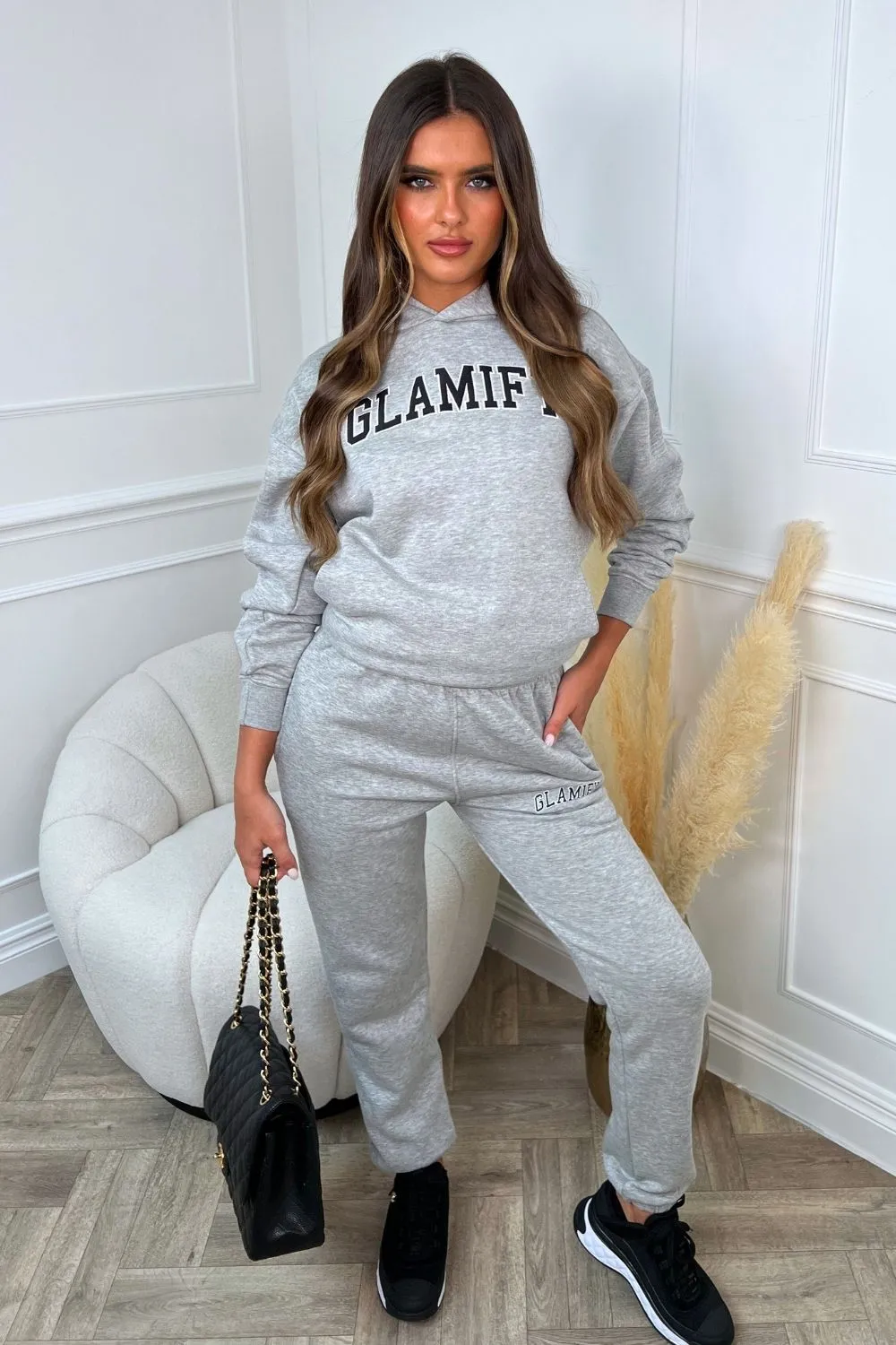 Glamify embroidered melange grey hoodie and joggers premium loungewear