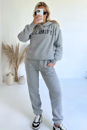 Glamify embroidered melange grey hoodie and joggers premium loungewear