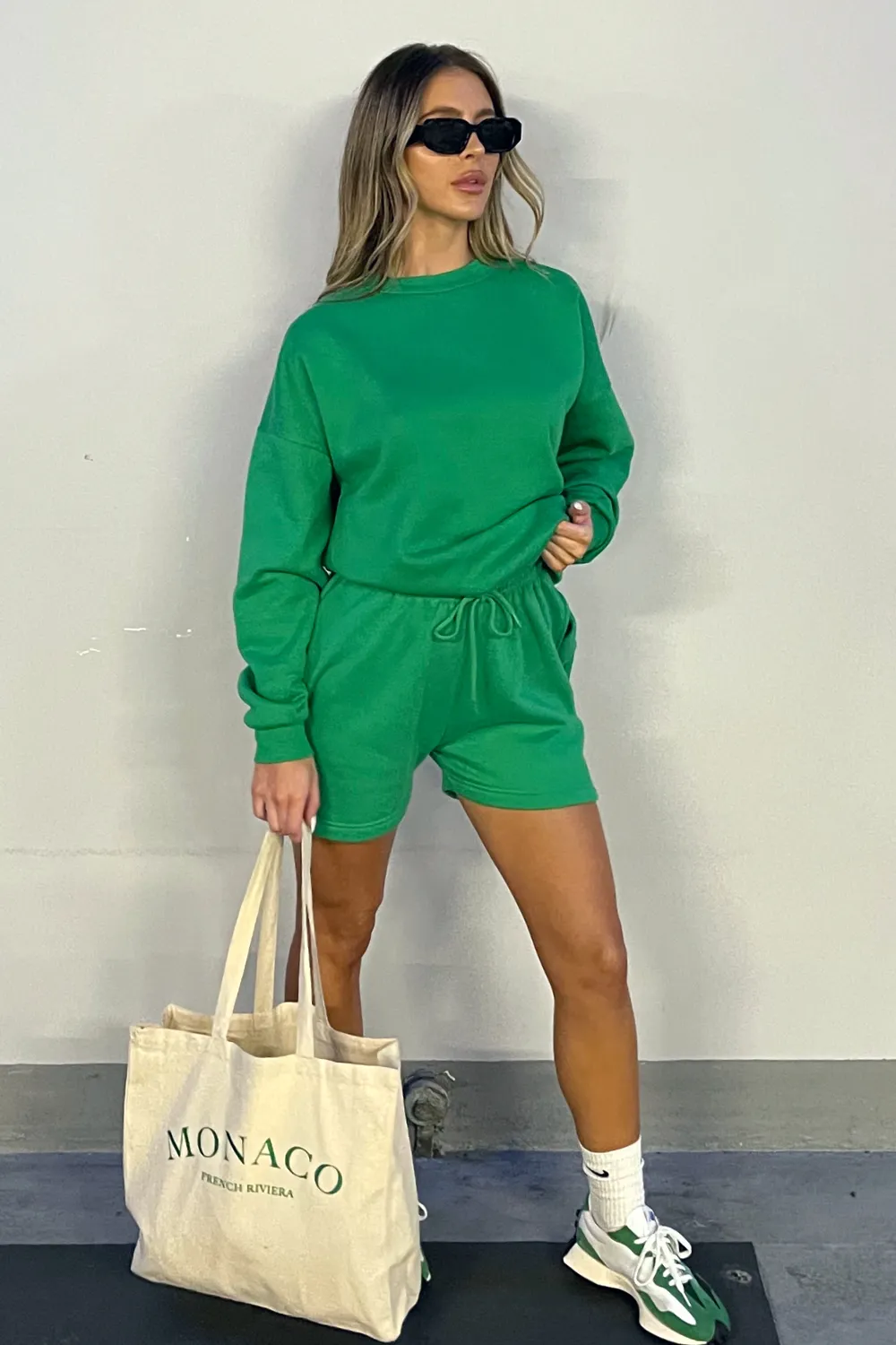 glamify green essential sweater short set