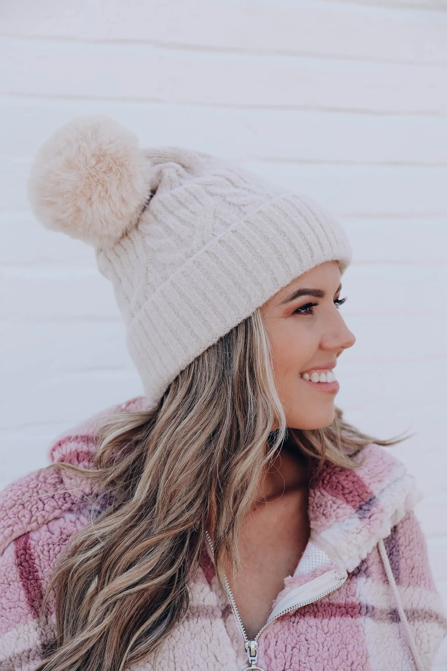 Glistening Snow Pom Beanie - Beige