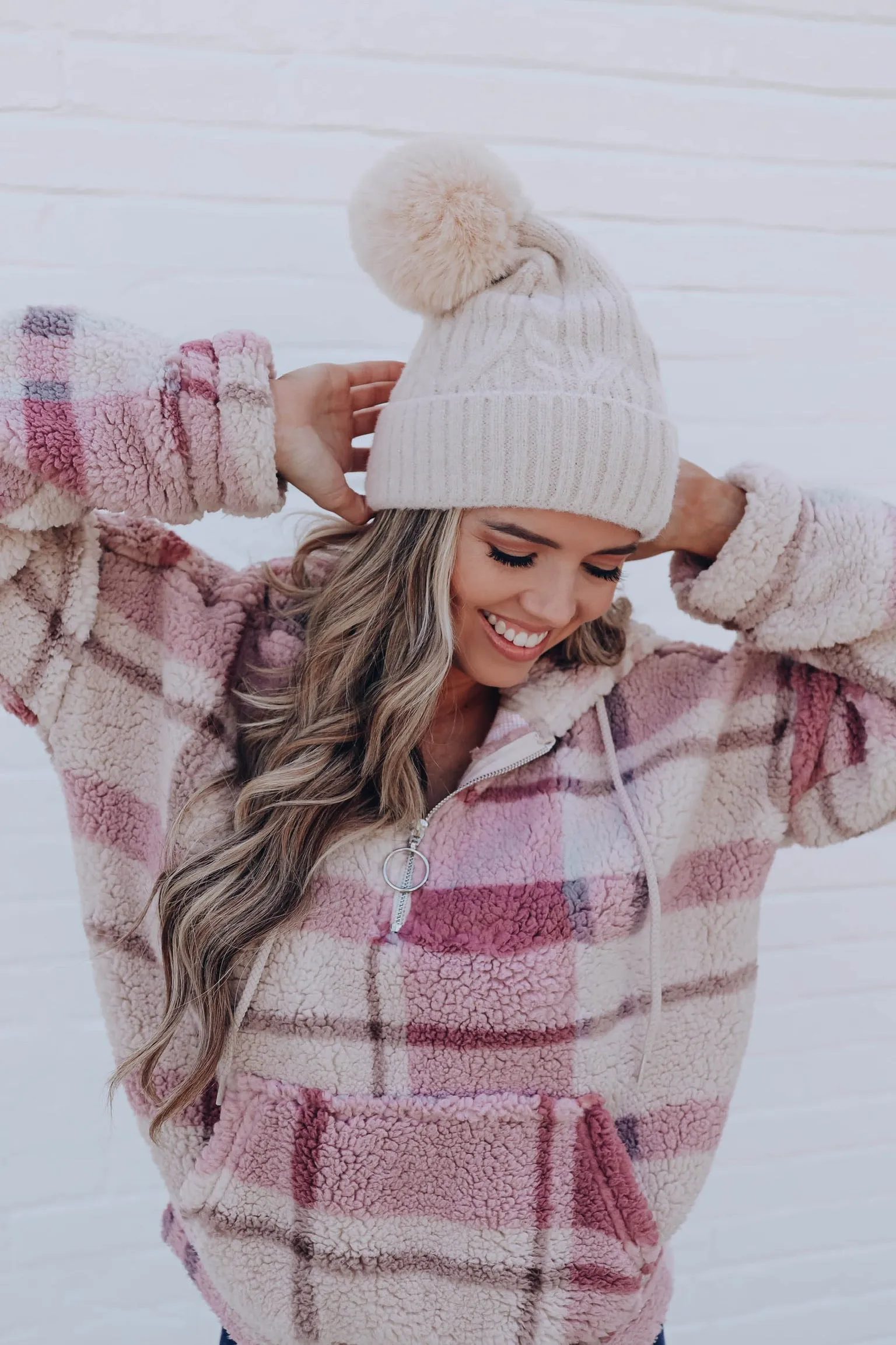 Glistening Snow Pom Beanie - Beige