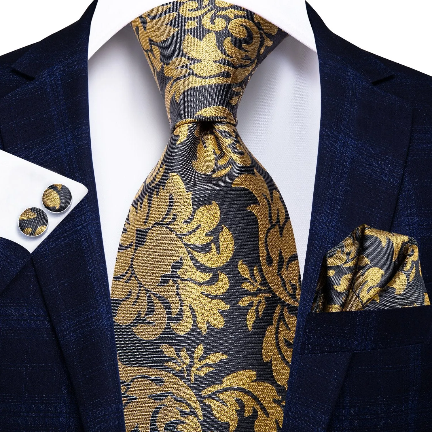 Golden Black Floral Tie Pocket Square Cufflinks Set