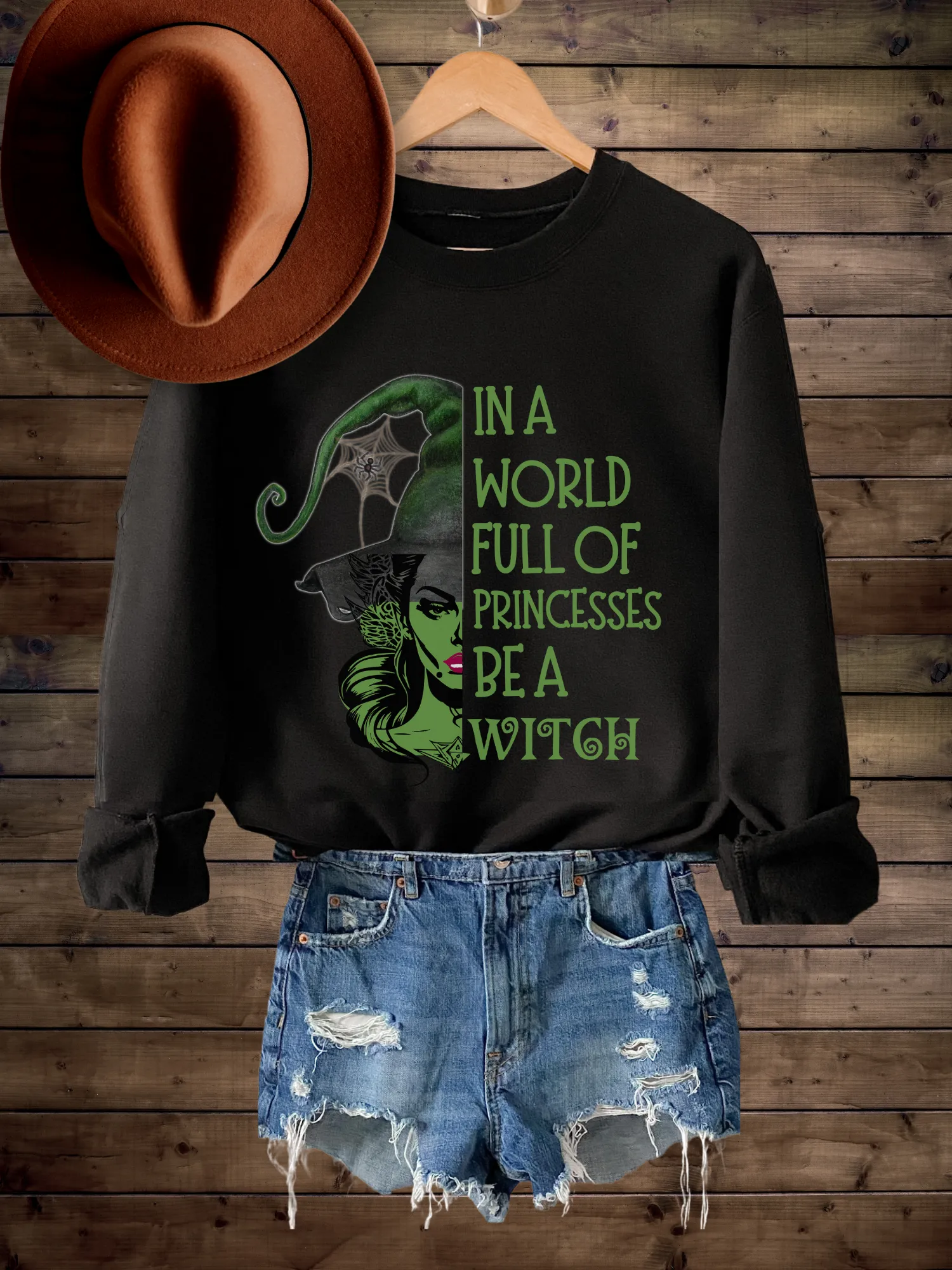 Halloween Women's Funny In A World Full of Princesses Be A Witch  Crewneck Sweatshirt, Funny Fall Shirt