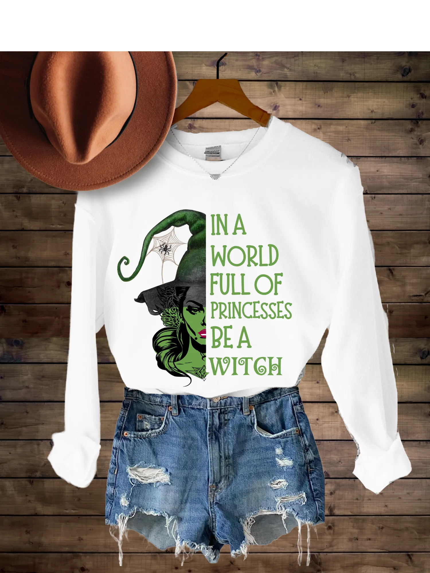 Halloween Women's Funny In A World Full of Princesses Be A Witch  Crewneck Sweatshirt, Funny Fall Shirt