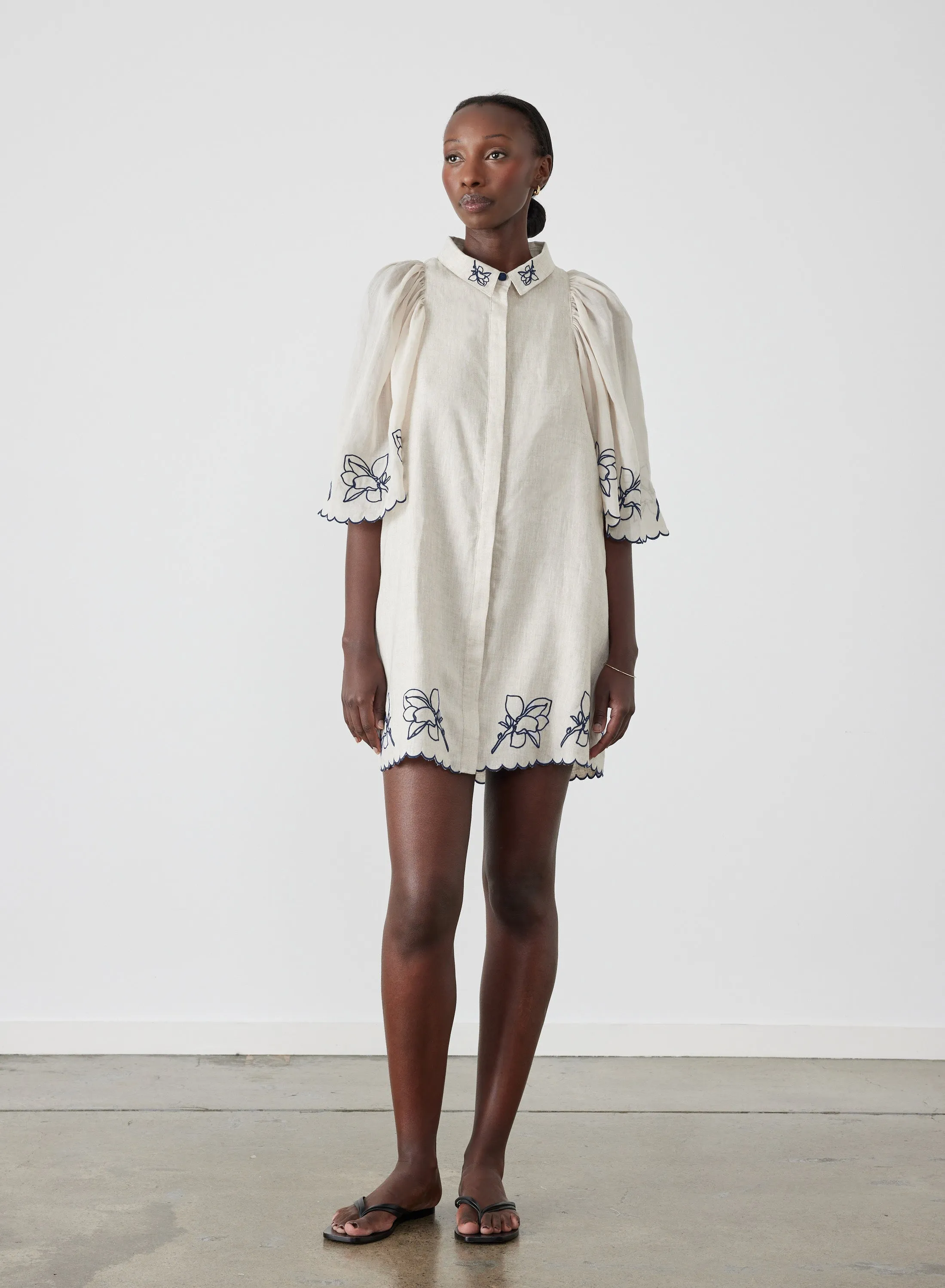 Hattie Linen Ramie Embroidery Mini Smock Shirt Dress | Flax Navy