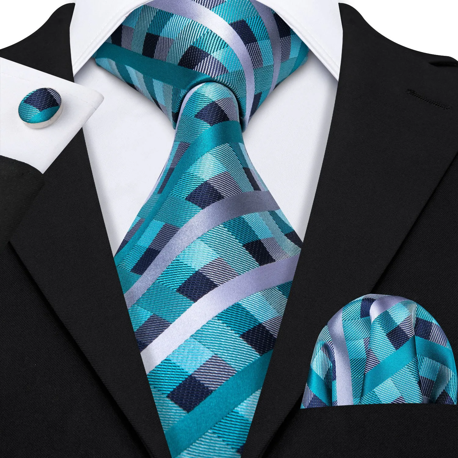 Hi-Tie Beautiful Plaid Checkered Necktie Pocket Square Cufflinks Set