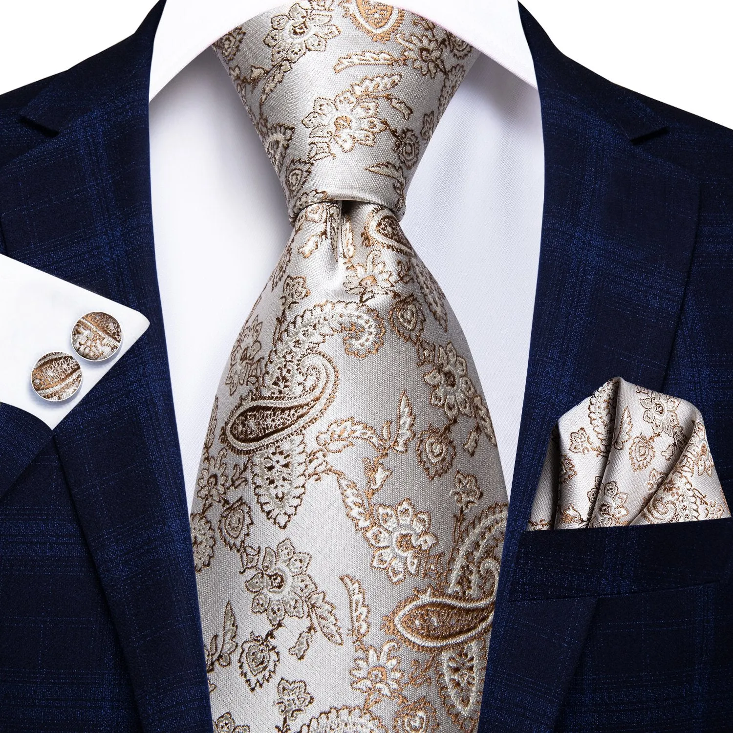 Hi-Tie Beige Paisley Men Tie Handkerchief Cufflinks Set Wedding Brooch