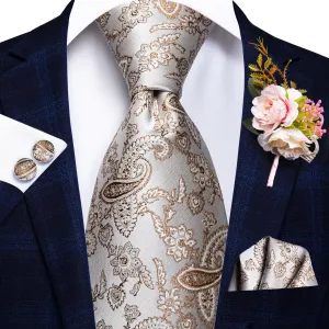 Hi-Tie Beige Paisley Men Tie Handkerchief Cufflinks Set Wedding Brooch