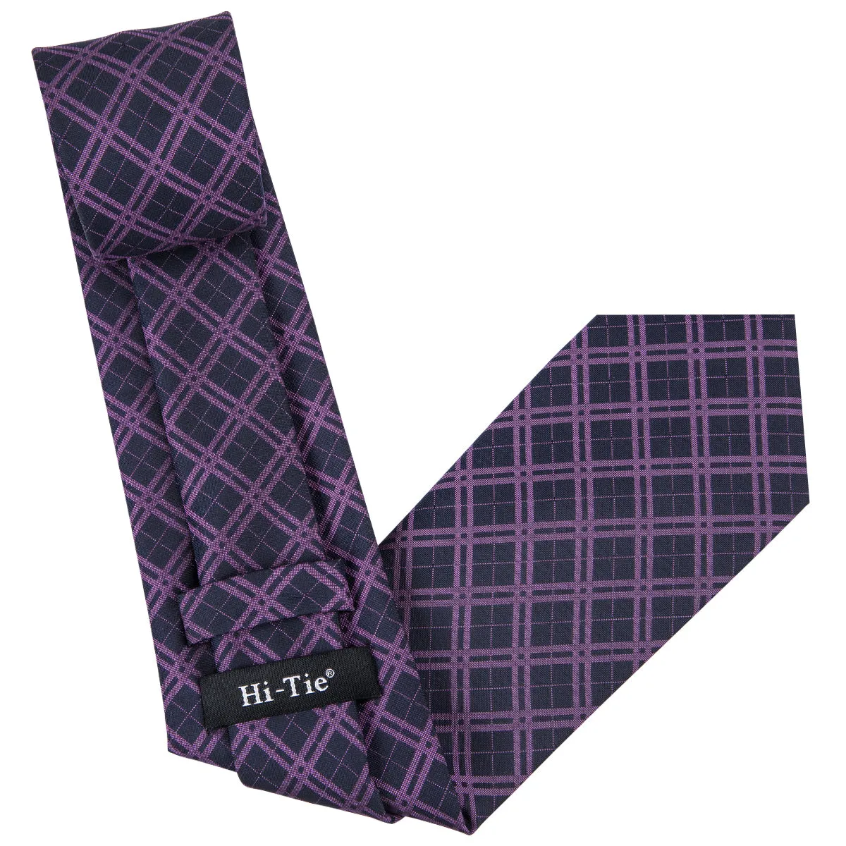 Hi-Tie Black Purple Plaid Mens Tie Set Tie Pocket Square Cufflinks Set