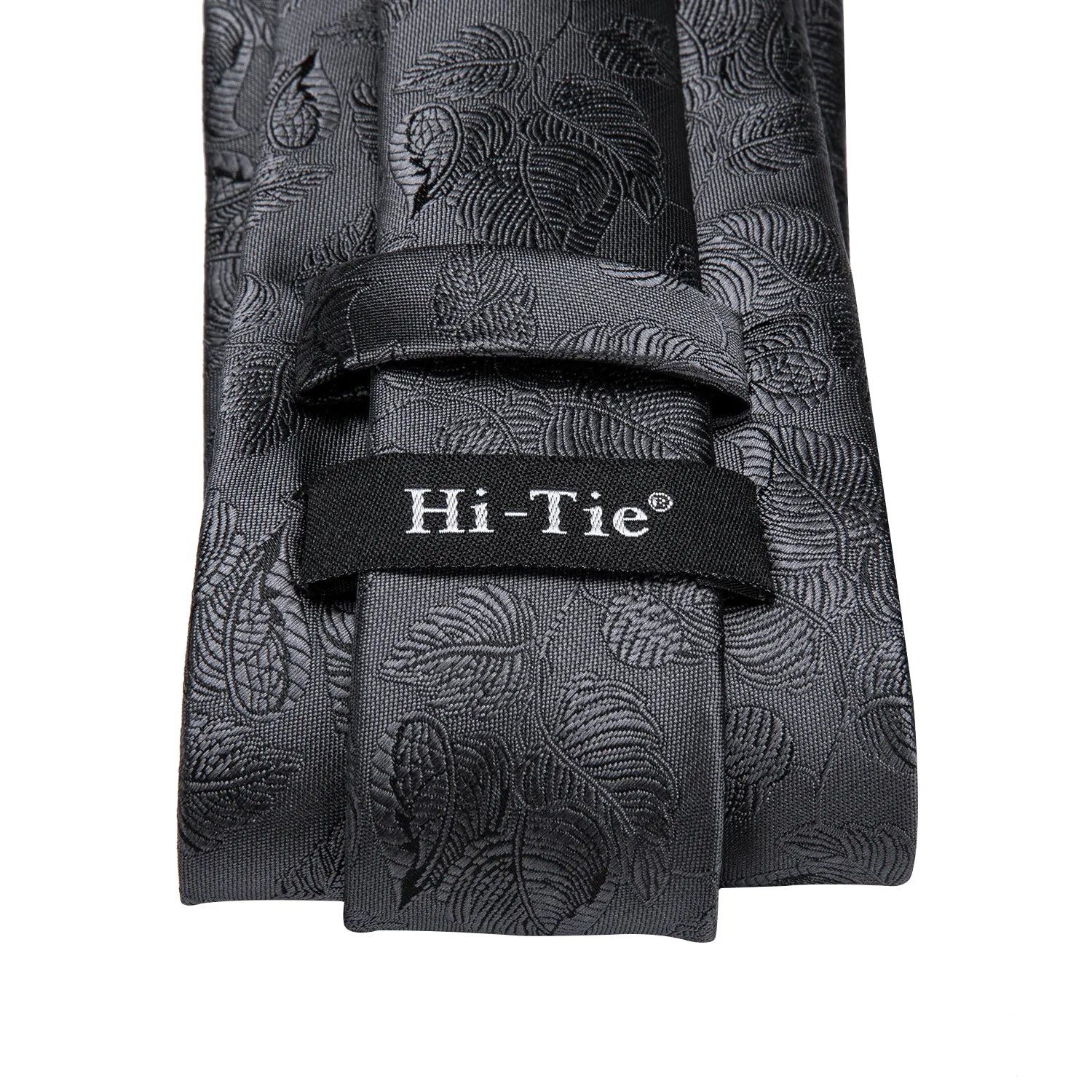 Hi-Tie Dark Grey Solid Gray Leaf Necktie Pocket Square Cufflinks Set