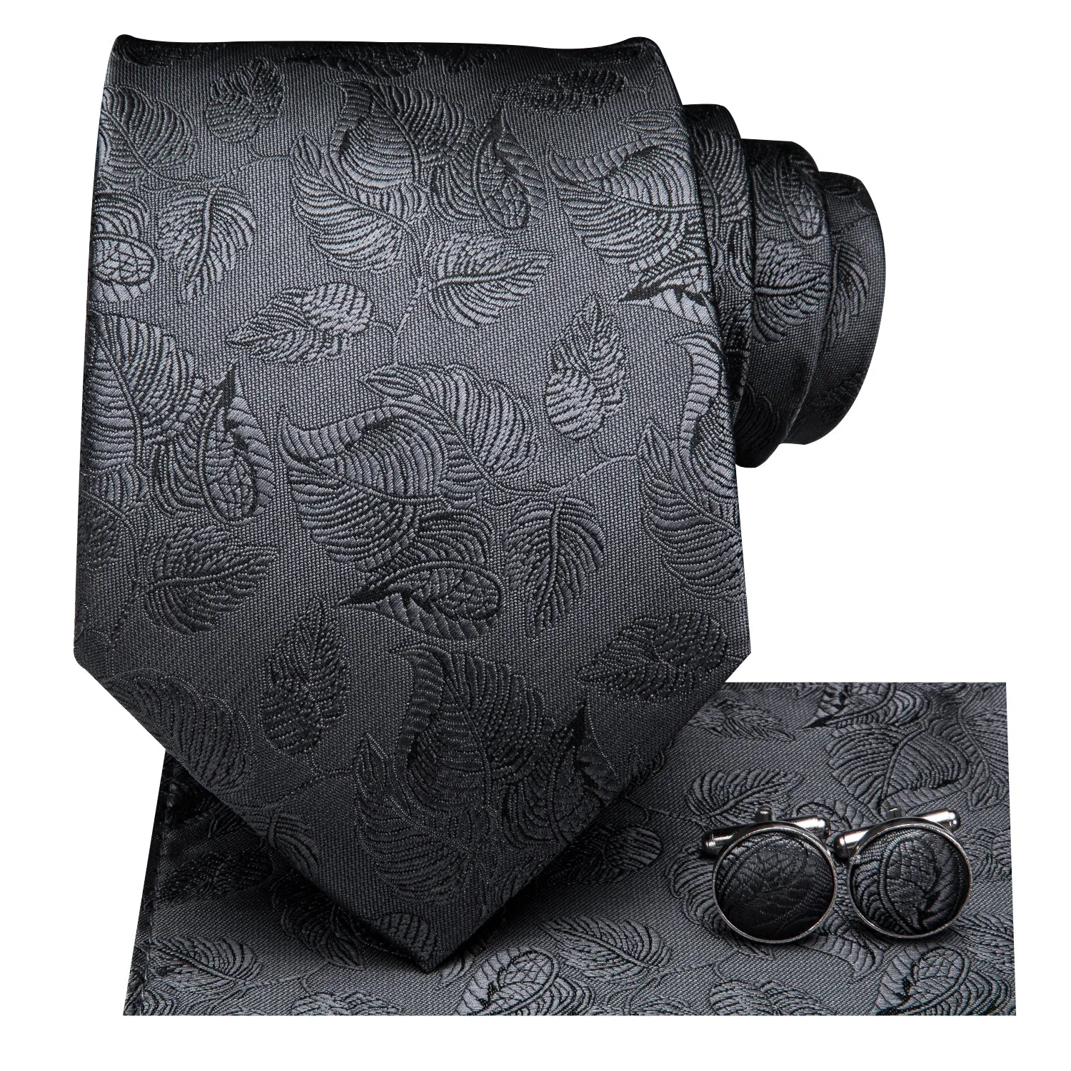 Hi-Tie Dark Grey Solid Gray Leaf Necktie Pocket Square Cufflinks Set