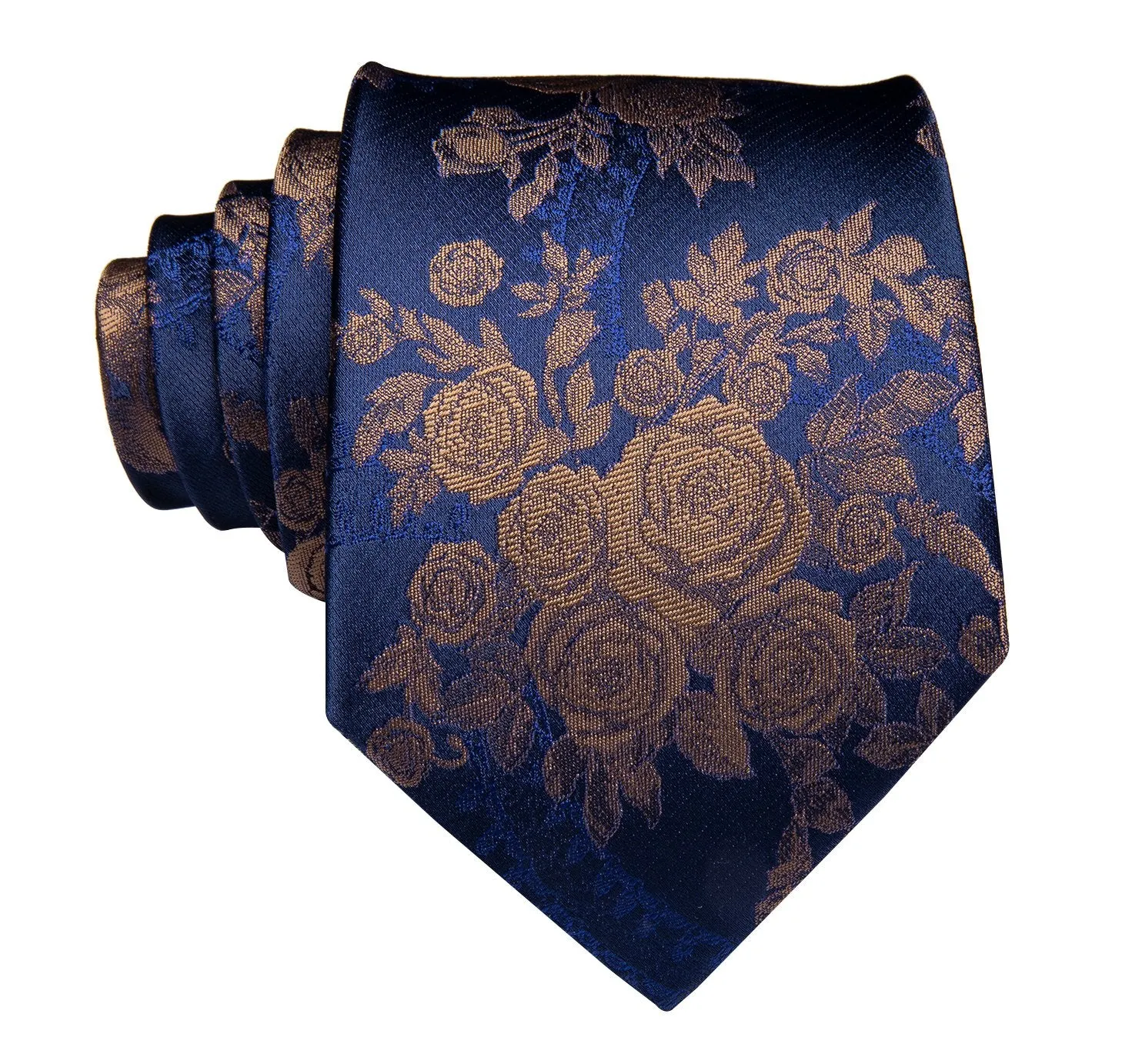 Hi-Tie DarkBlue Floral Tie with Brown Roses Pocket Square Cufflinks Set and Collar Pin