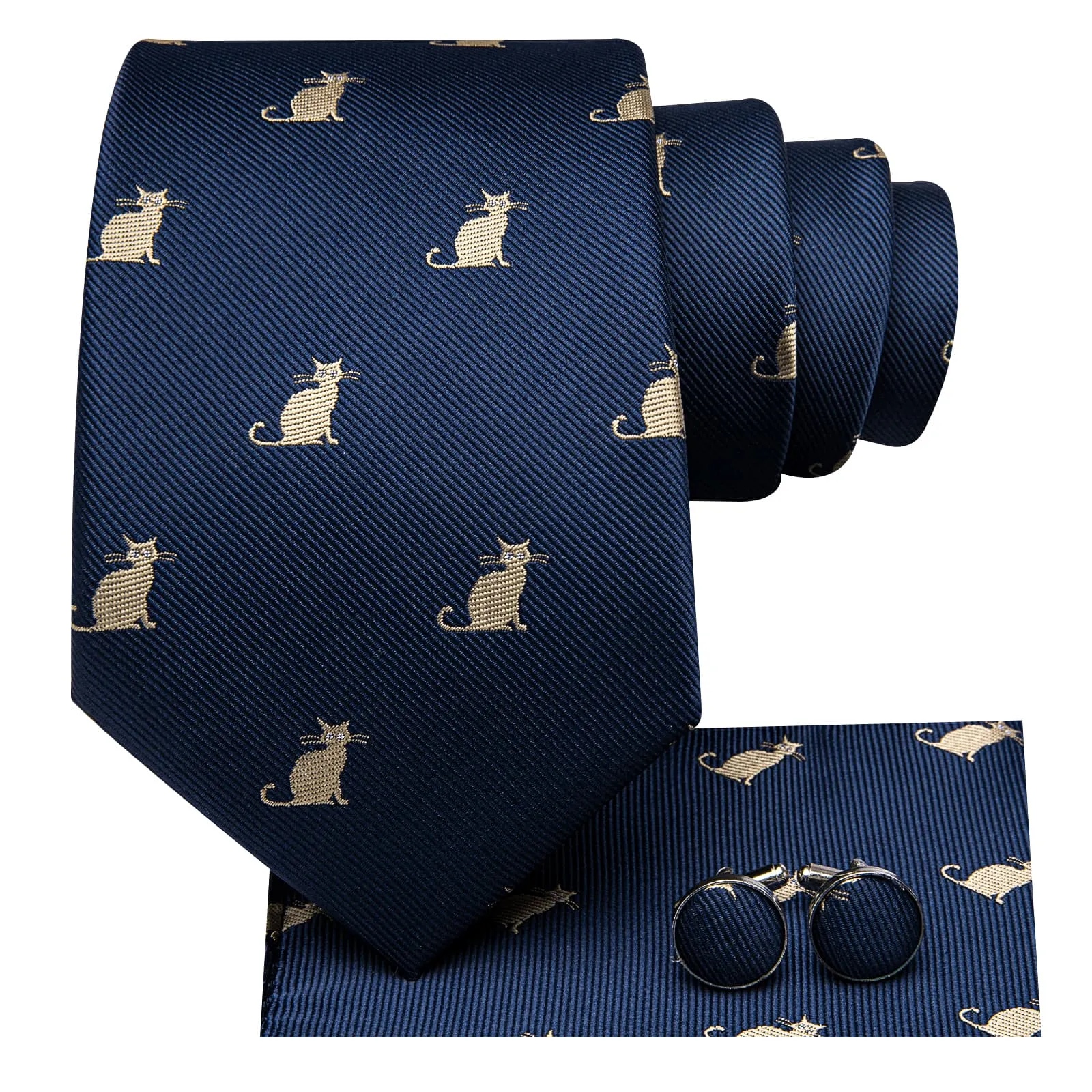 Hi-Tie Deep Blue Novelty Cats Pattern Silk Mens Tie Pocket Square Cufflinks Set