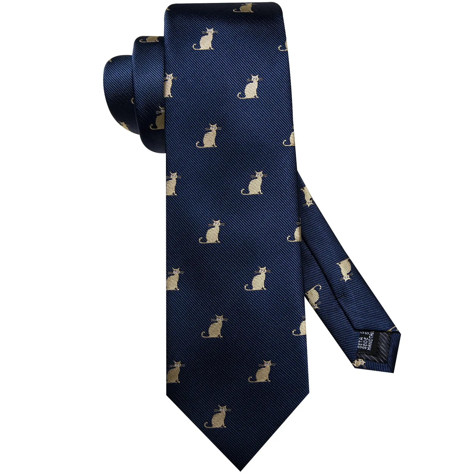 Hi-Tie Deep Blue Novelty Cats Pattern Silk Mens Tie Pocket Square Cufflinks Set