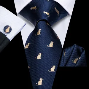 Hi-Tie Deep Blue Novelty Cats Pattern Silk Mens Tie Pocket Square Cufflinks Set