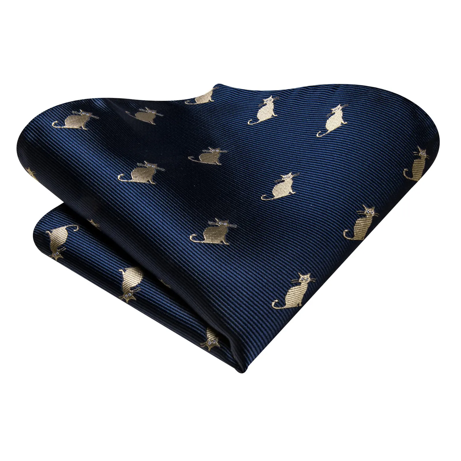 Hi-Tie Deep Blue Novelty Cats Pattern Silk Mens Tie Pocket Square Cufflinks Set