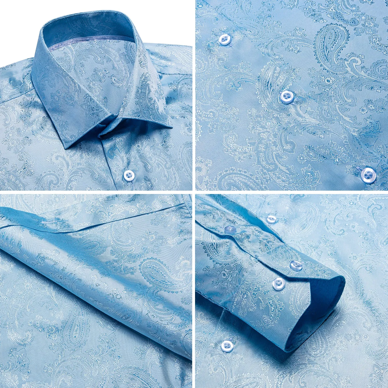 Hi-Tie Light Blue Shirt Sky-blue Paisley Silk Men's Button Up Shirt