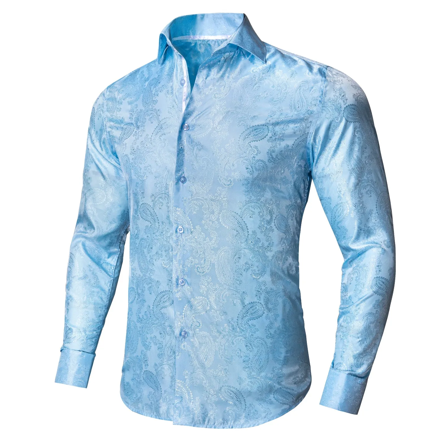 Hi-Tie Light Blue Shirt Sky-blue Paisley Silk Men's Button Up Shirt