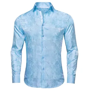 Hi-Tie Light Blue Shirt Sky-blue Paisley Silk Men's Button Up Shirt