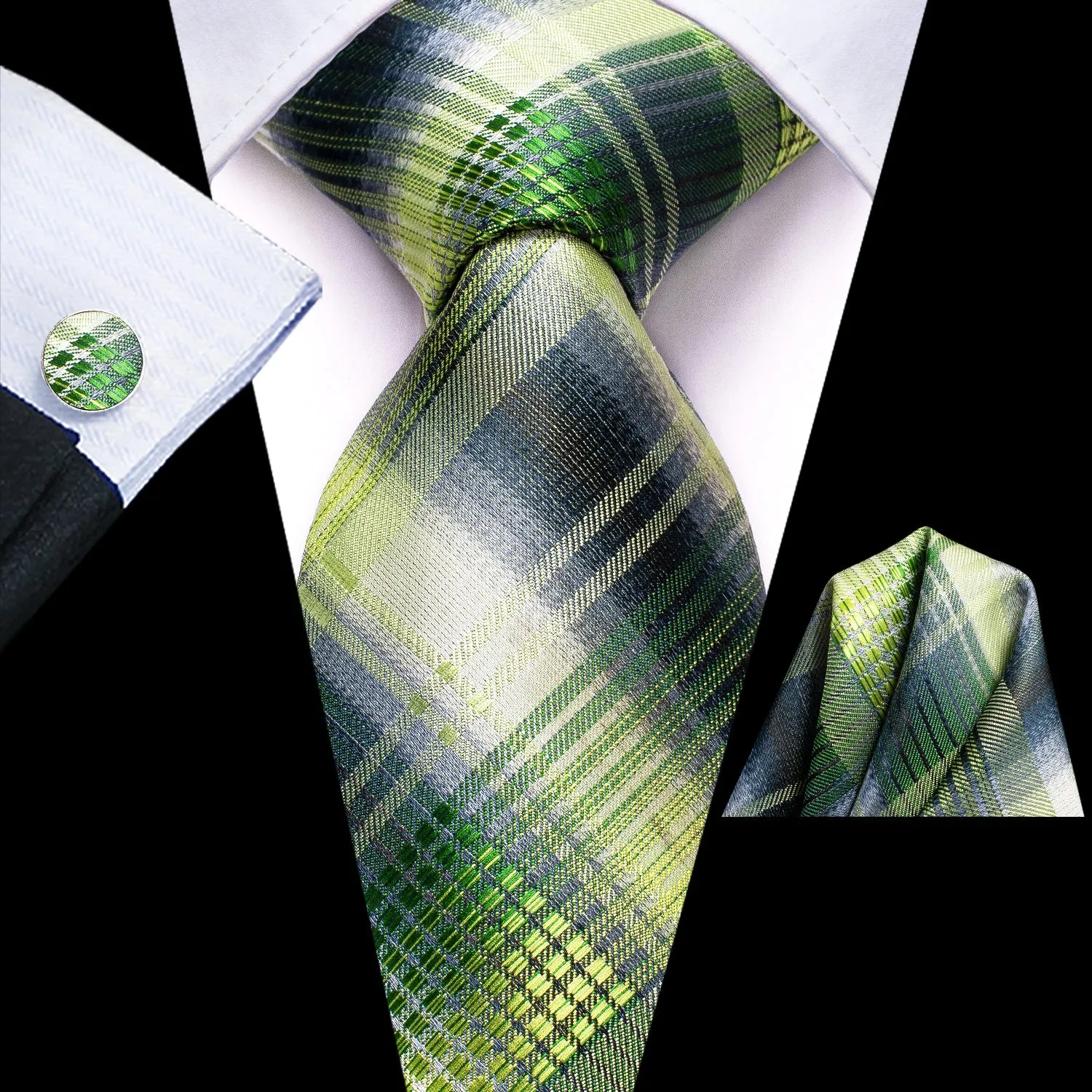 Hi-Tie Light Green Necktie Grey Stripe Tie Pocket Square Cufflinks Set