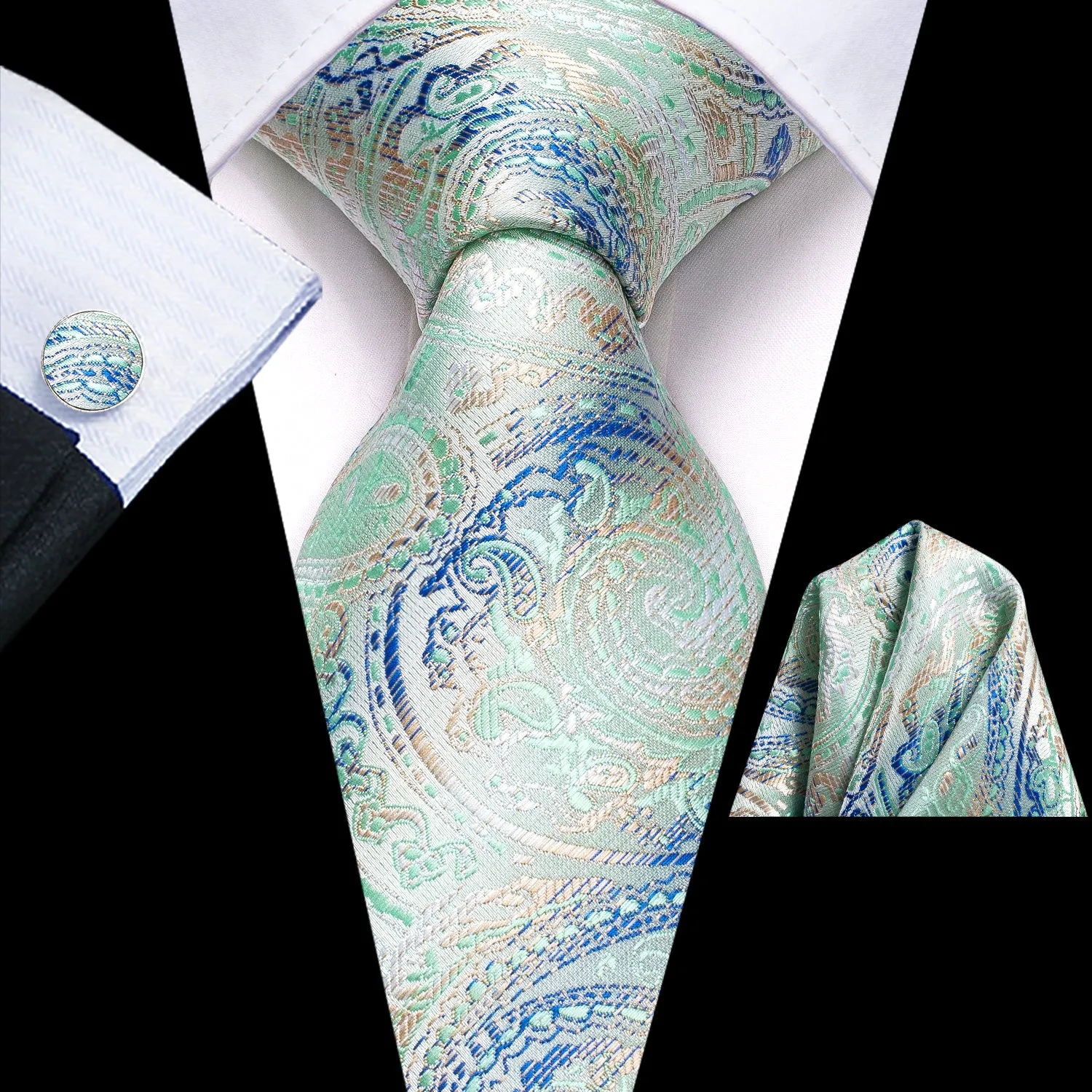 Hi-Tie Mint Green Blue Paisley Men's Tie Pocket Square Cufflinks Set