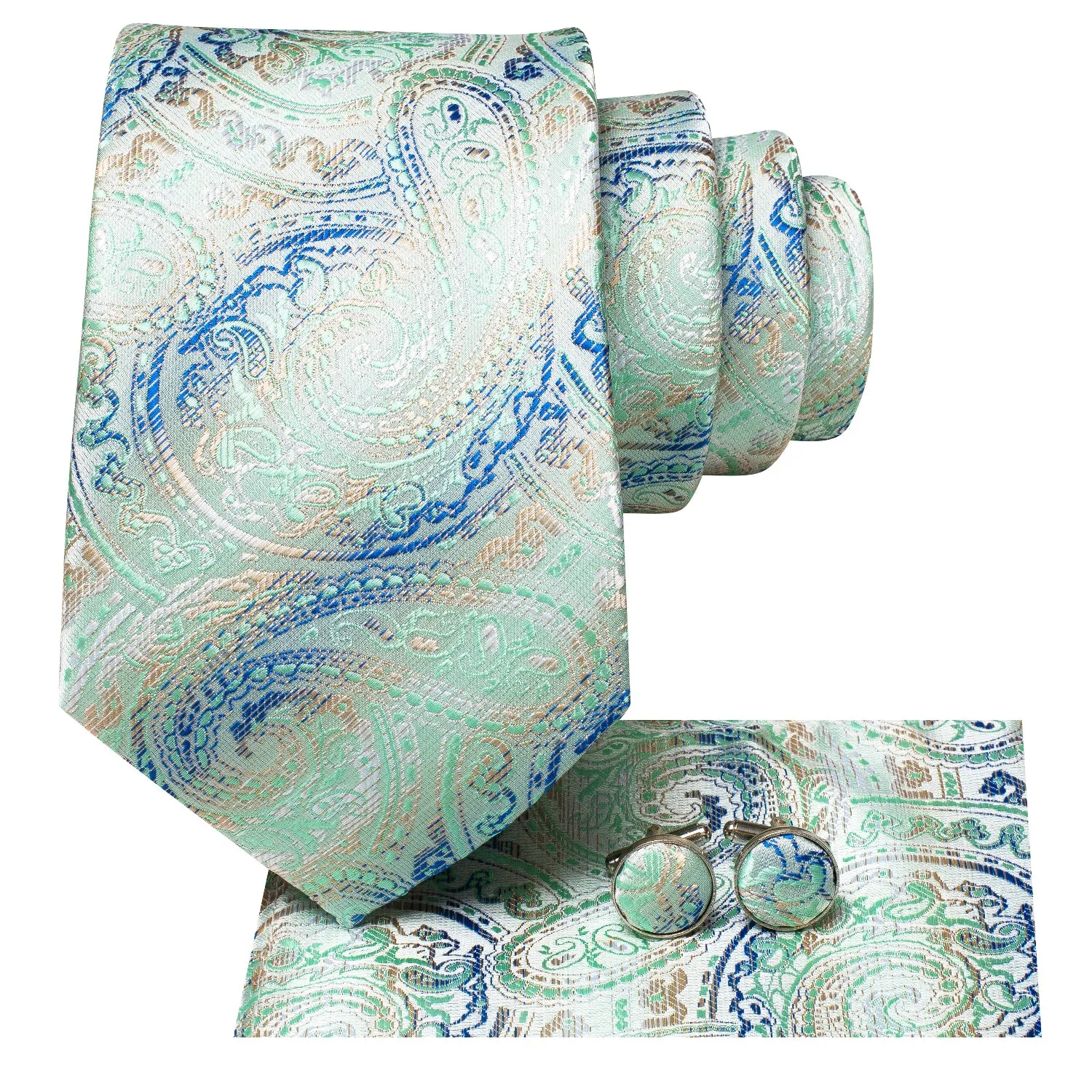 Hi-Tie Mint Green Blue Paisley Men's Tie Pocket Square Cufflinks Set